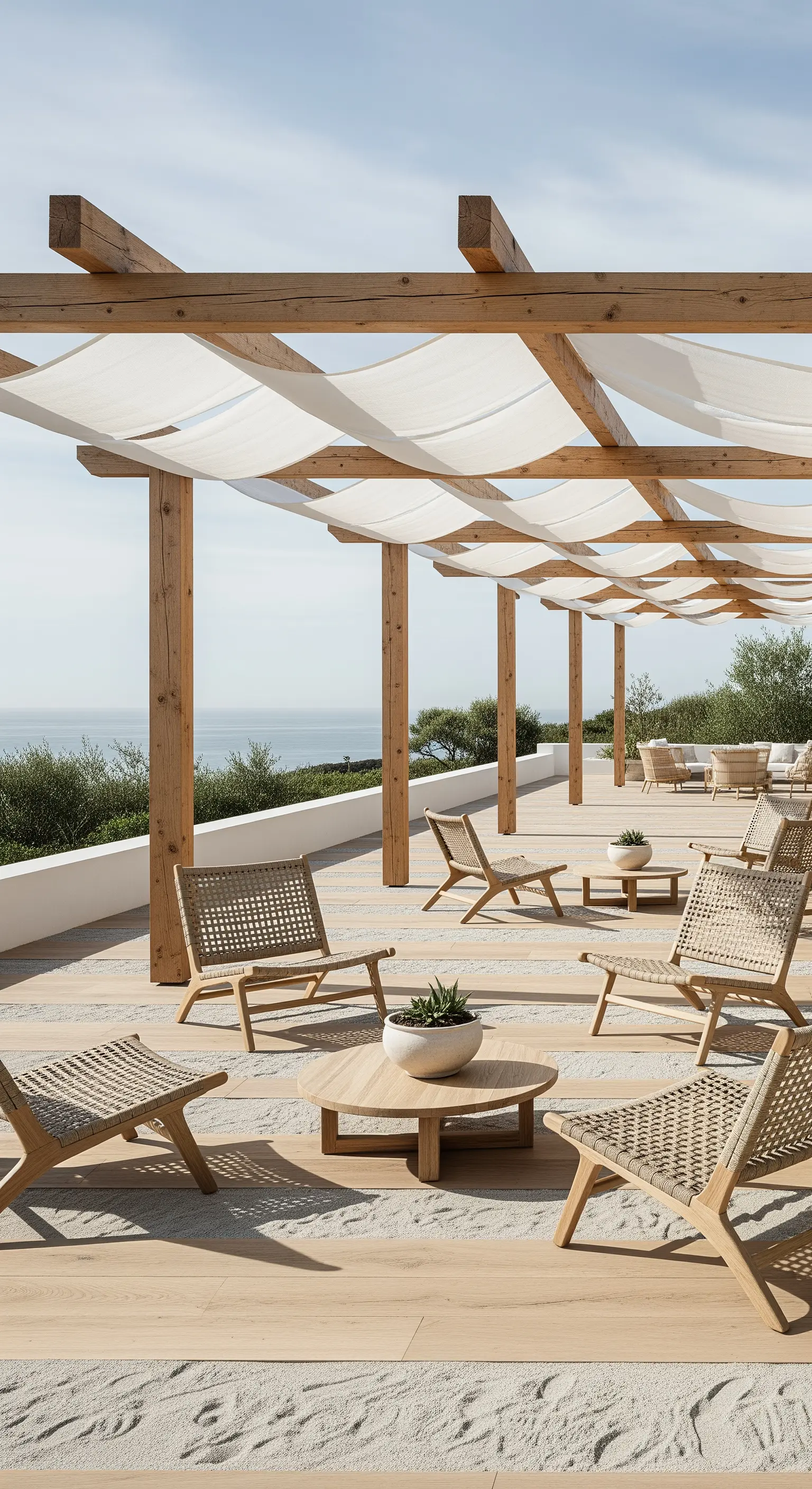 Japandi Pergola mit Sonnensegel und gewebten Sesseln am Meer