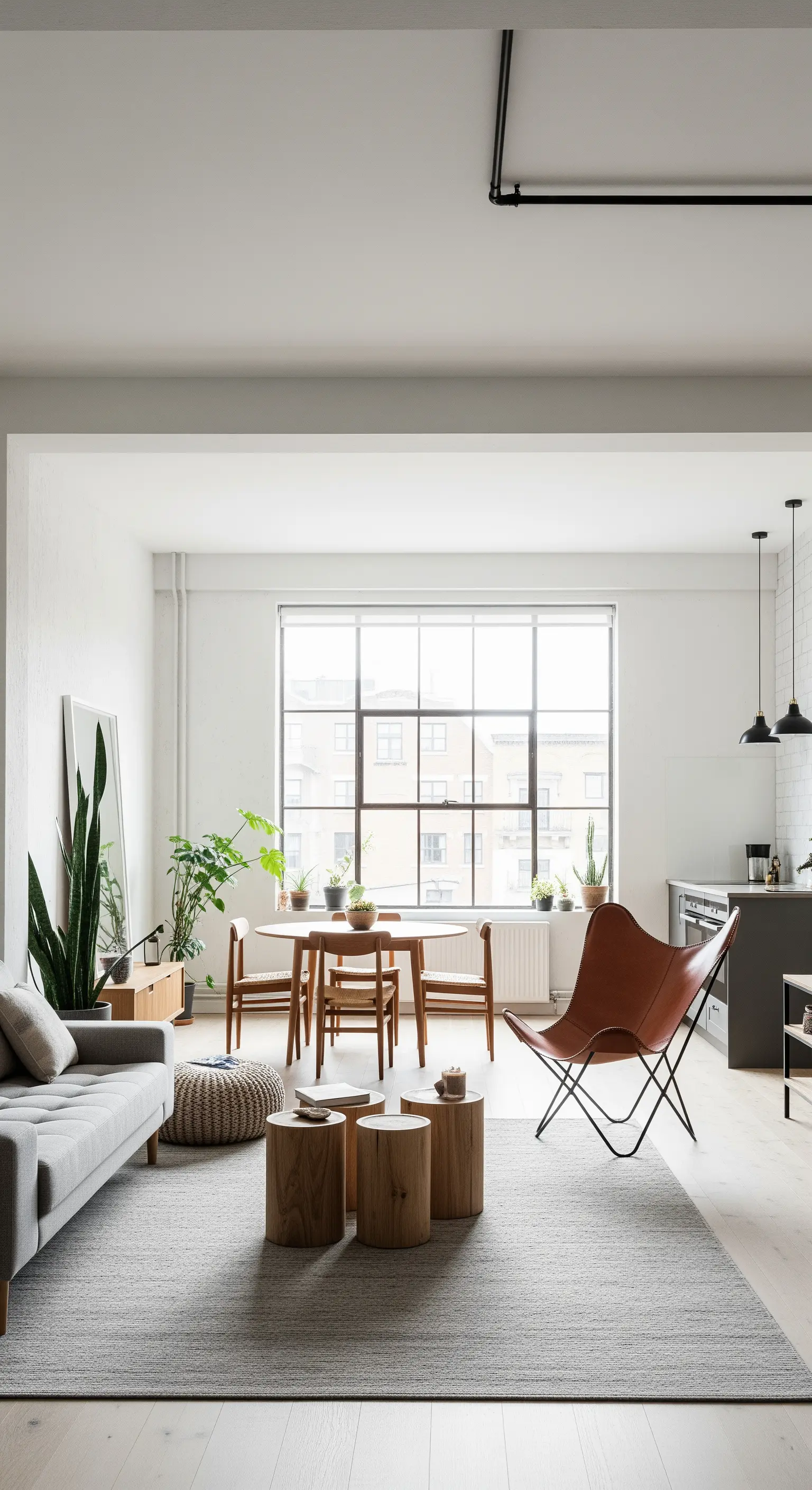 Offener Wohnraum, der durch Teppiche in einen Wohn- und Essbereich unterteilt ist.