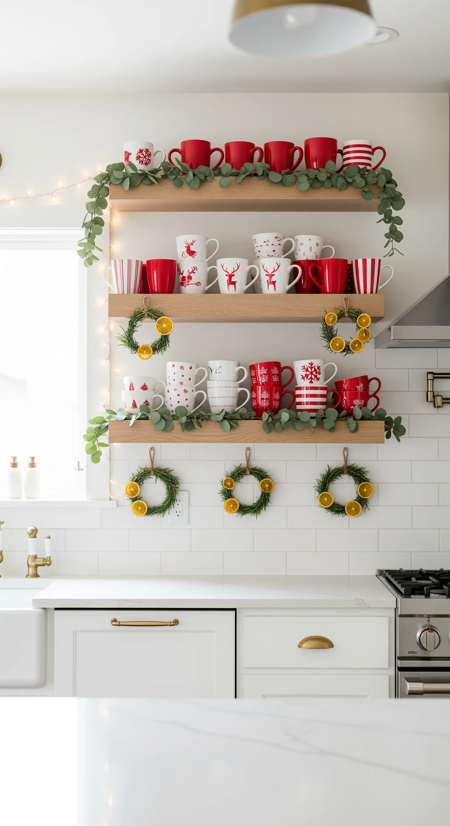 Rote und weiße Weihnachtstassen auf offenen Holzregalen, umrahmt von Eukalyptusgirlanden