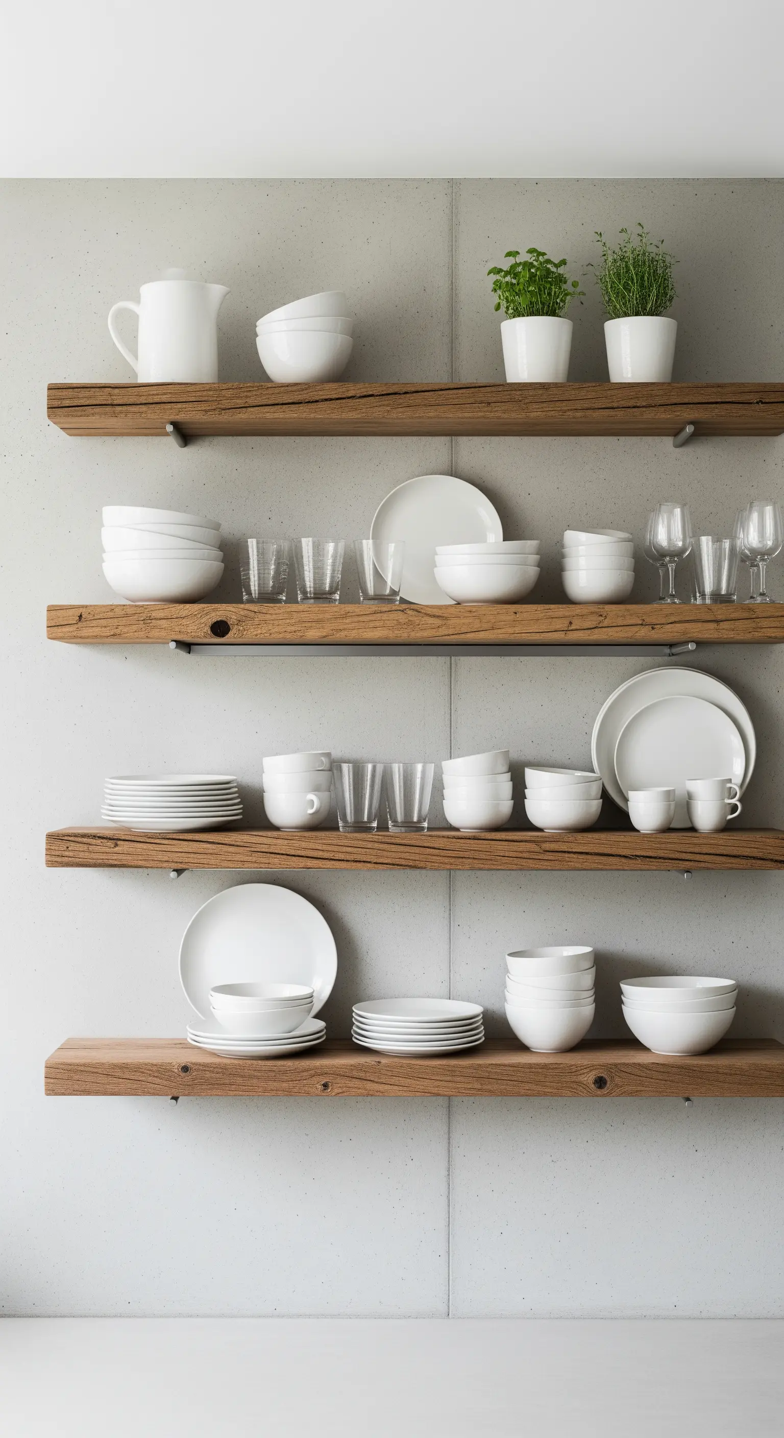 Offene Holzregale vor einer Betonwand, bestückt mit weißem Geschirr.