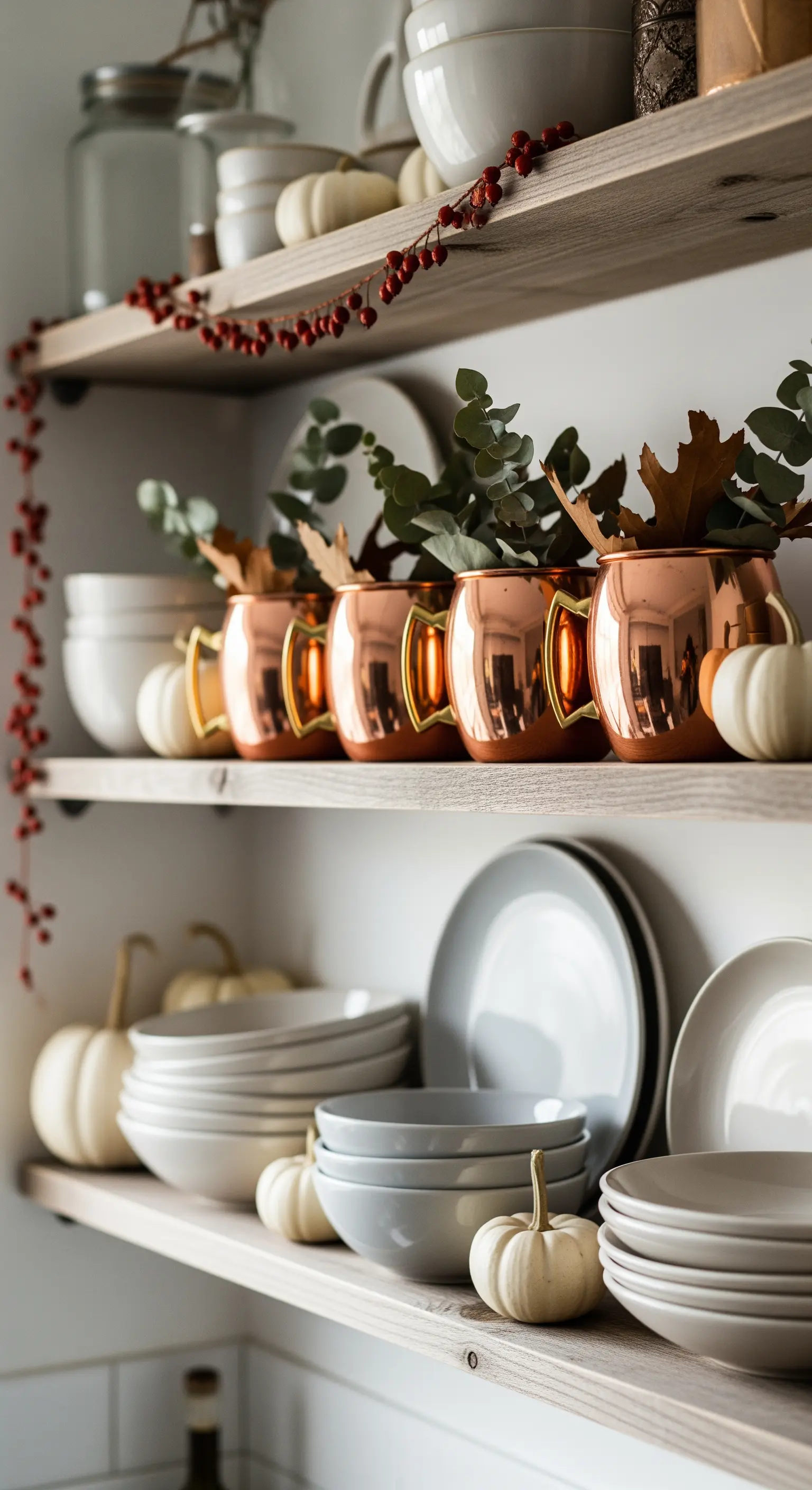 Offene Regale mit Kupfertassen, weißen Kürbissen, Eukalyptus, Beerenranke.