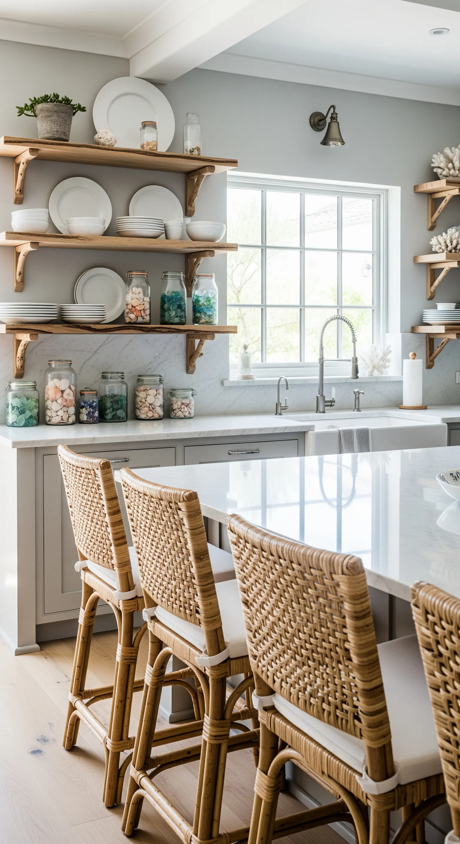 Küchendeko mit Muscheln, Seeglas in Gläsern auf offenen Holzregalen und Rattan-Hockern