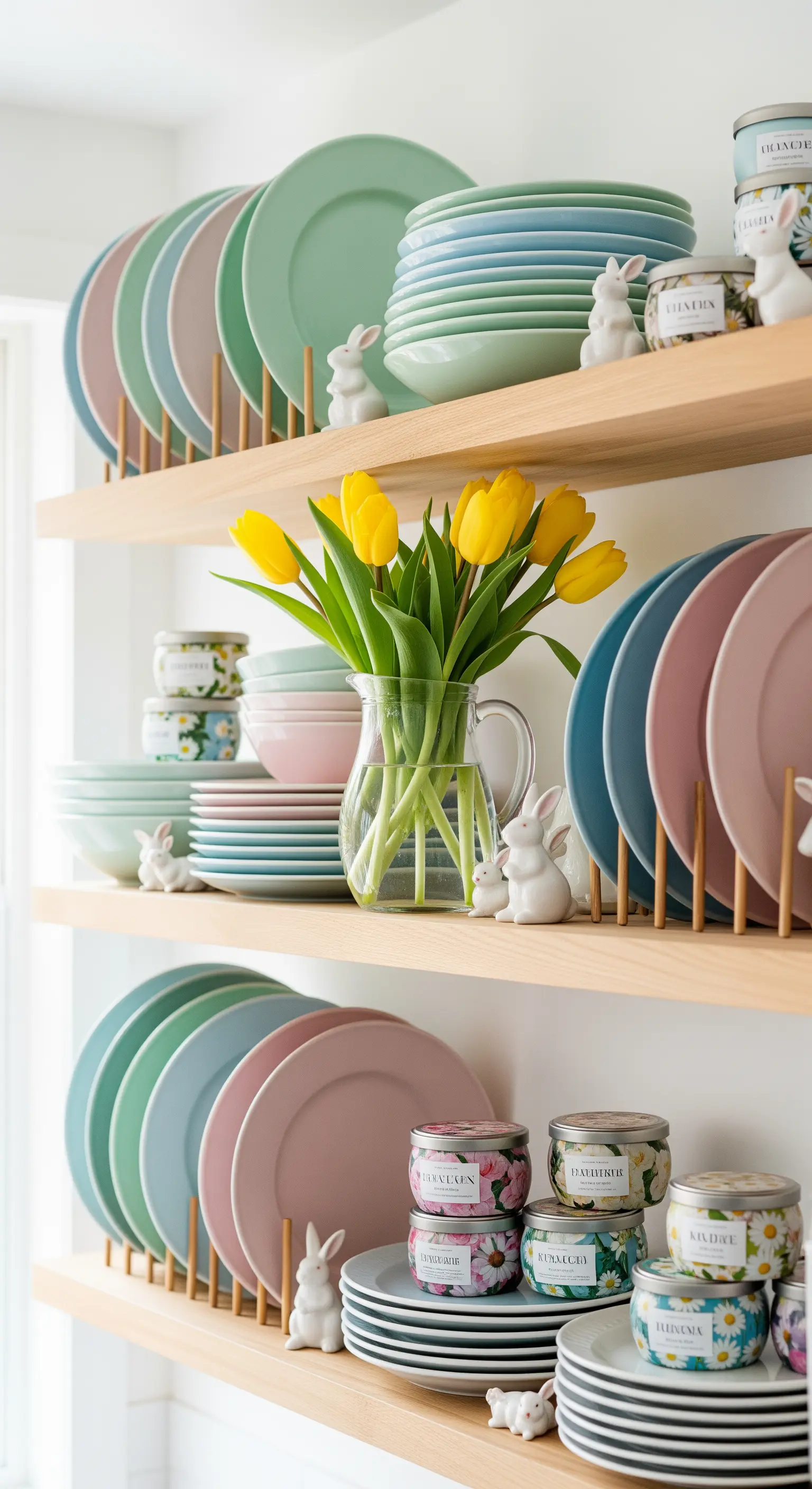 Offene Holzregale mit pastellfarbenem Geschirr, gelben Tulpen und Keramikhäschen
