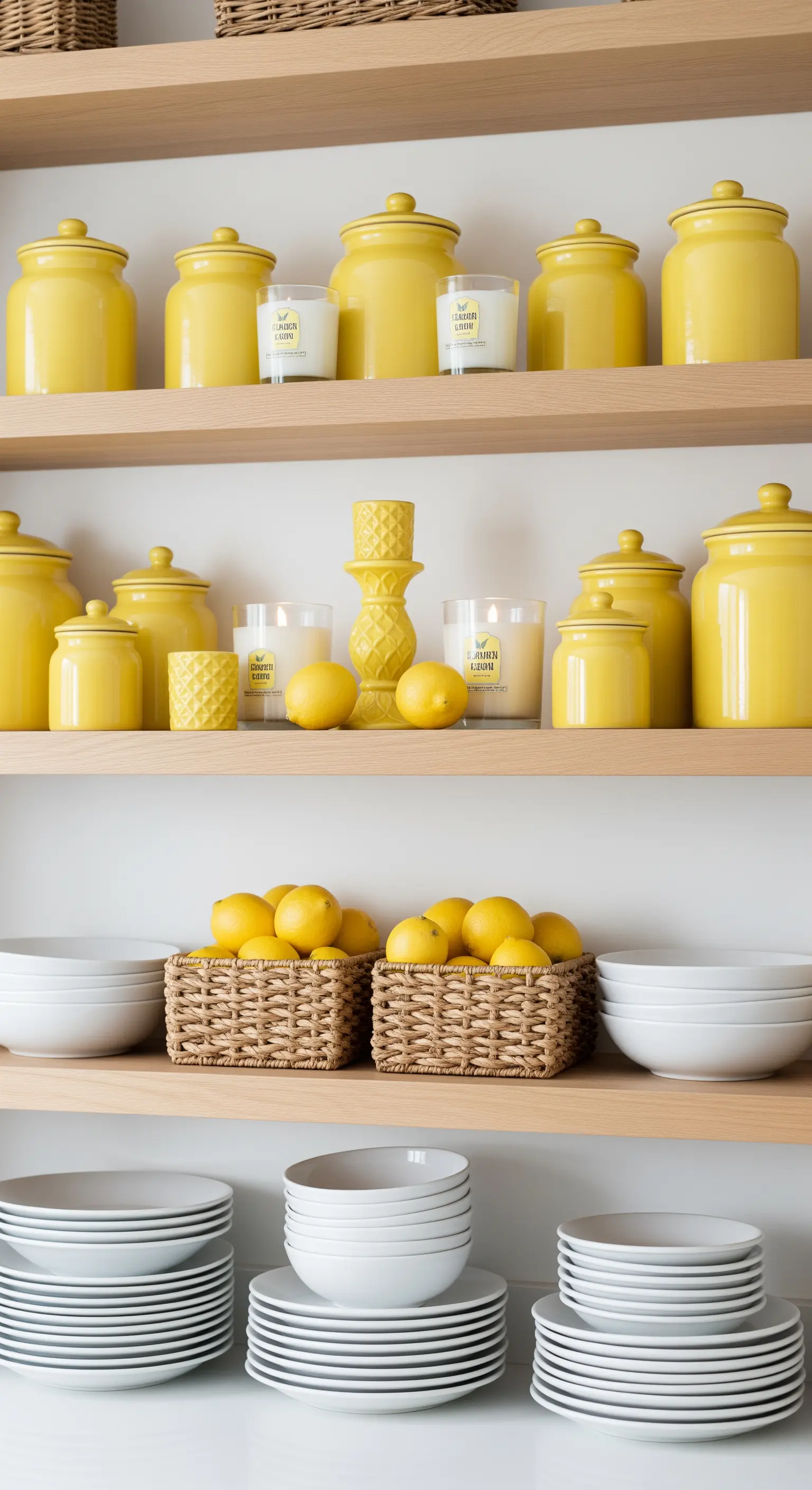 Offene Regale mit gelben Vorratsdosen und frischen Zitronen