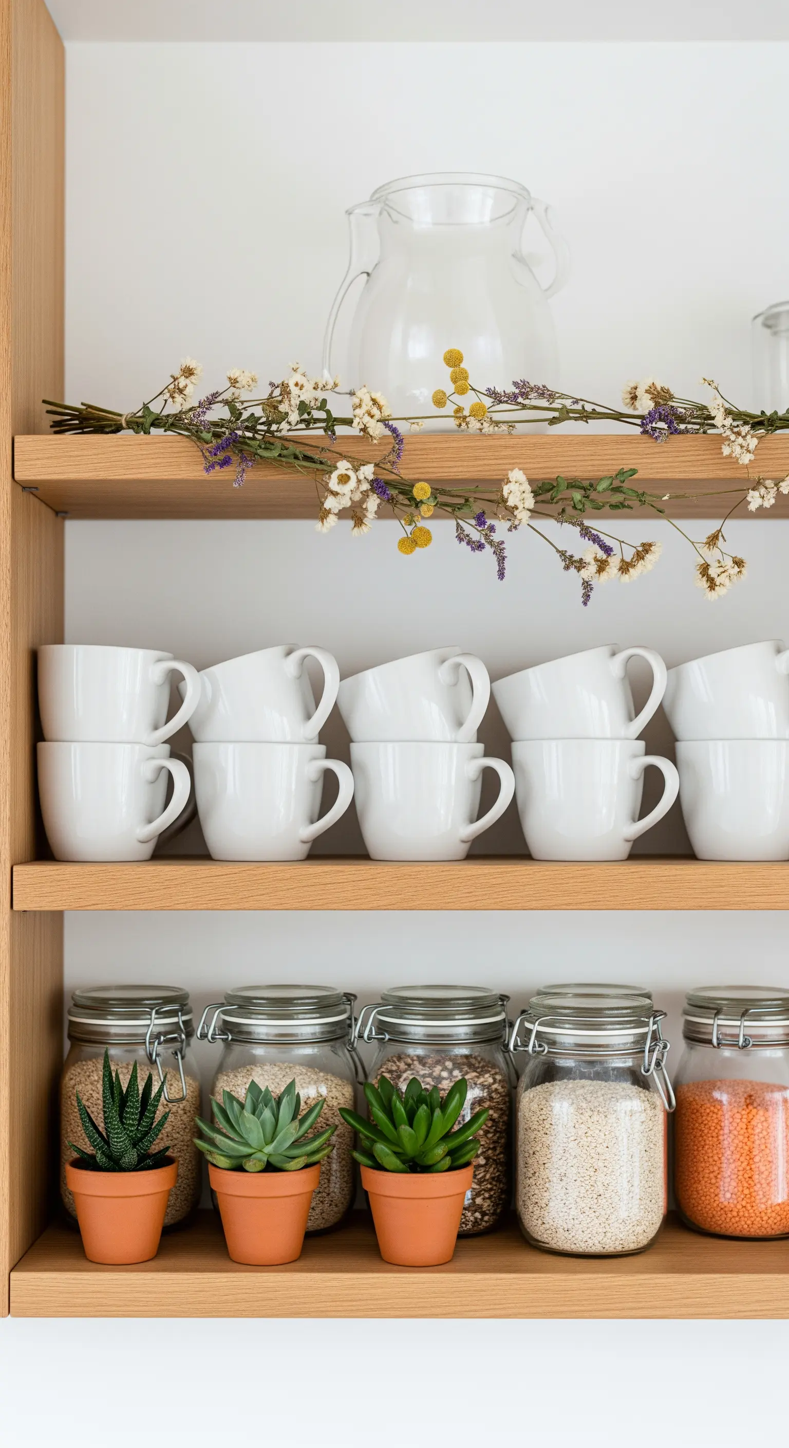 Offene Holzregale mit weißen Tassen, Vorratsgläsern und kleinen Sukkulenten