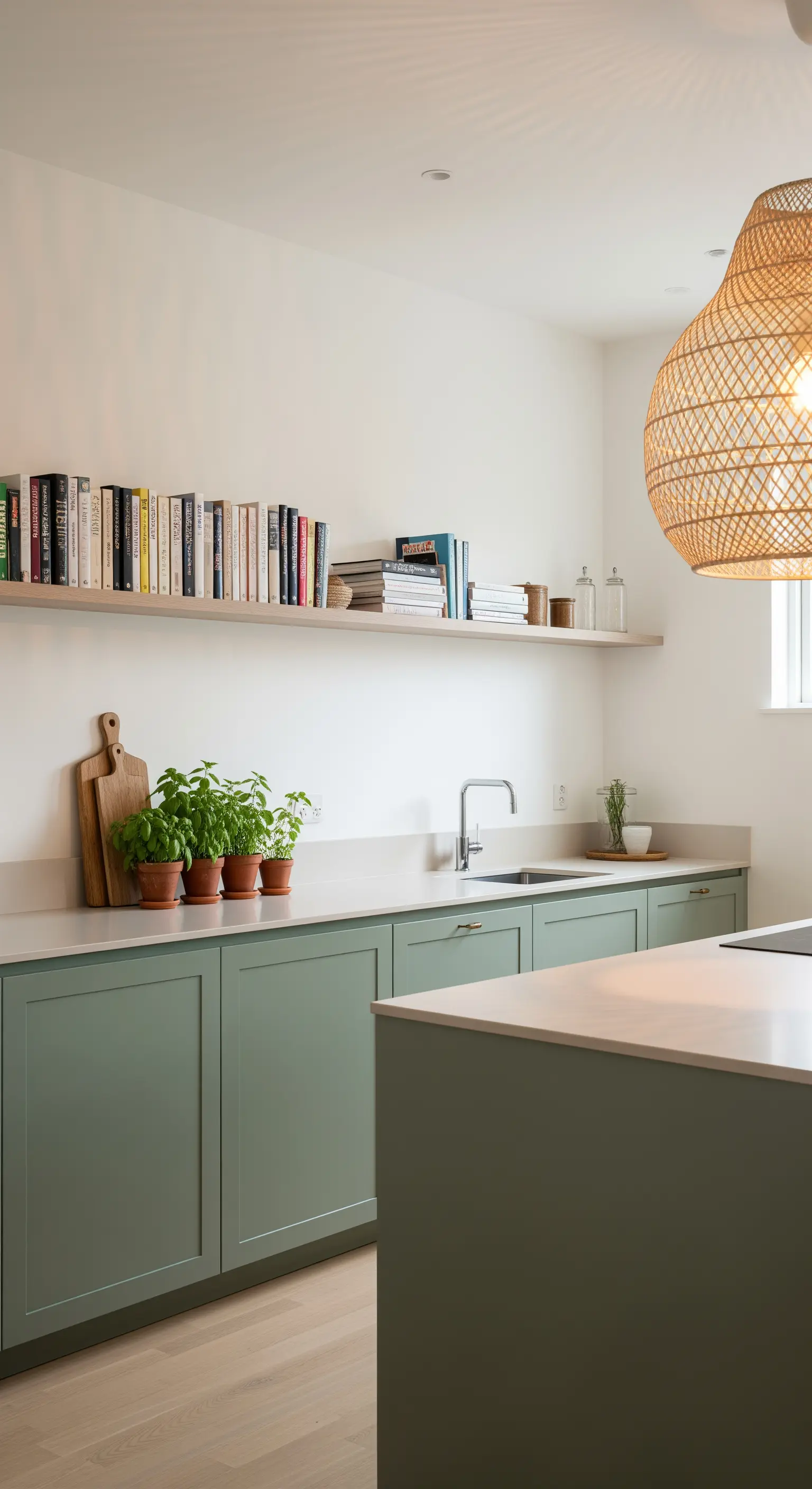 Salbeigrüne Küche mit offenem Holzregal, Büchern, Pflanzen und Rattan-Pendelleuchte