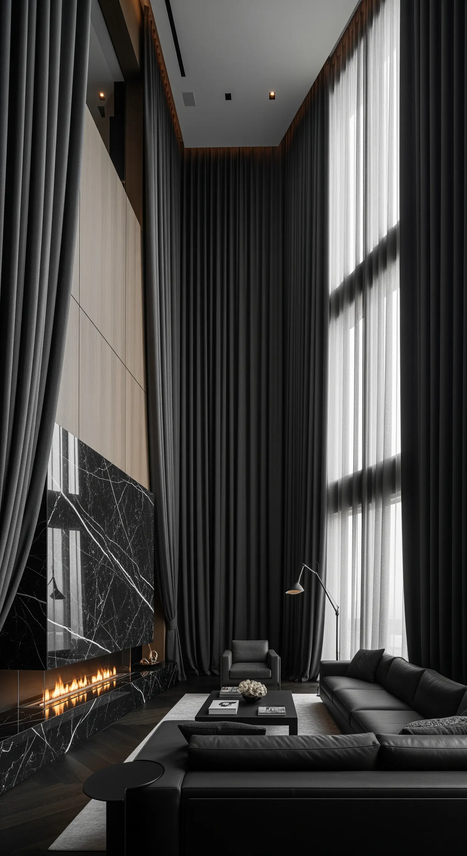 Hohes Wohnzimmer mit Marmorkamin, dunklen Faltenvorhängen und minimalistischen Sofas