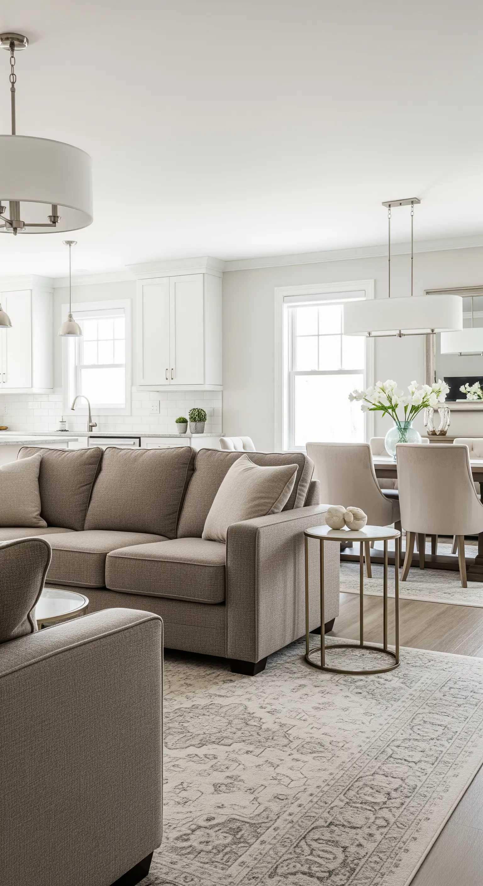 Offener Wohn-Essbereich, bei dem ein Teppich die Wohnzone definiert und Farben wiederholt werden.