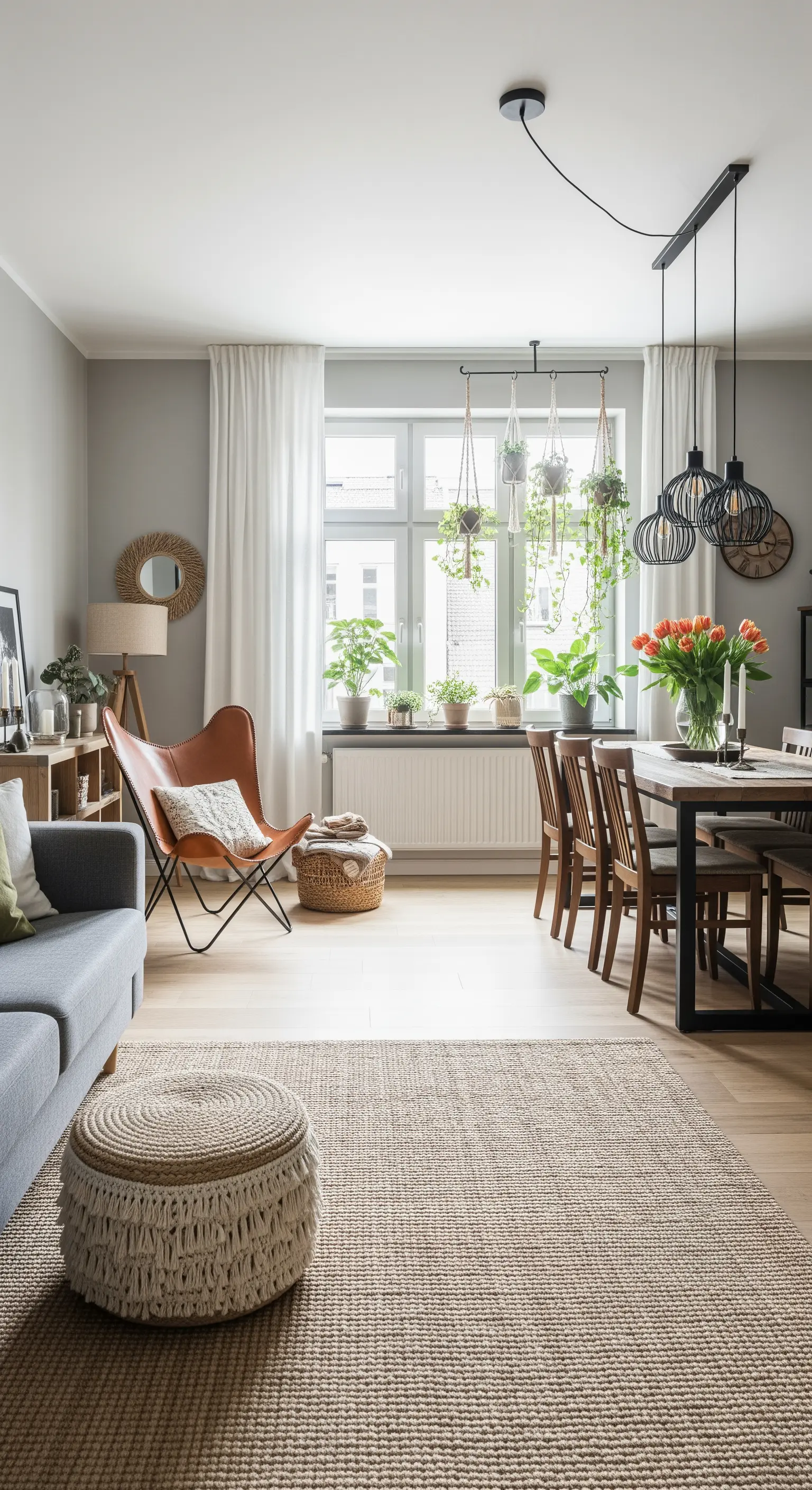 Offener Wohn- und Essbereich mit Jute-Teppichen, die verschiedene Zonen definieren.
