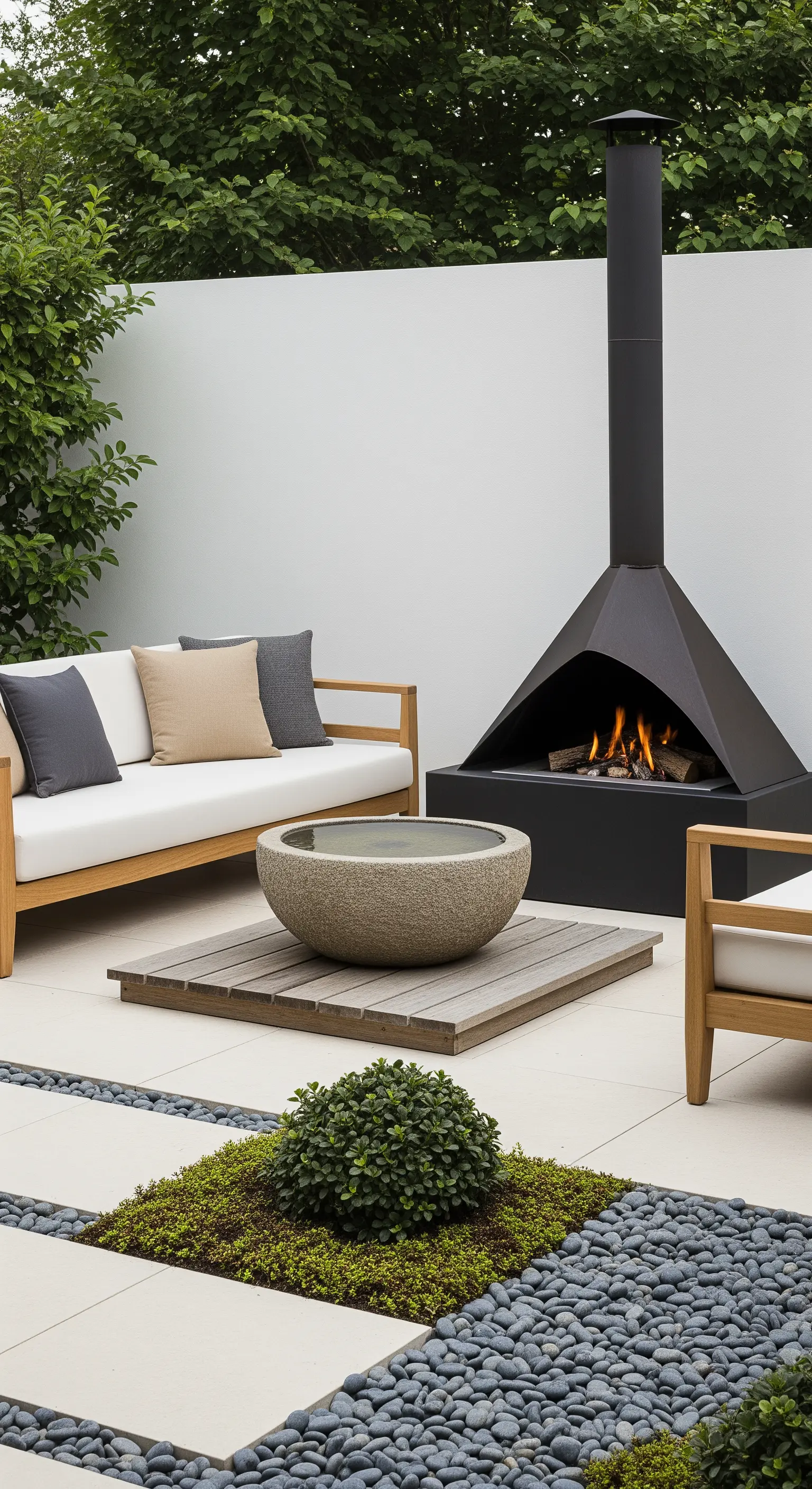 Offener Hof mit modernem Kamin, Lounge-Sofa und Wasserbecken