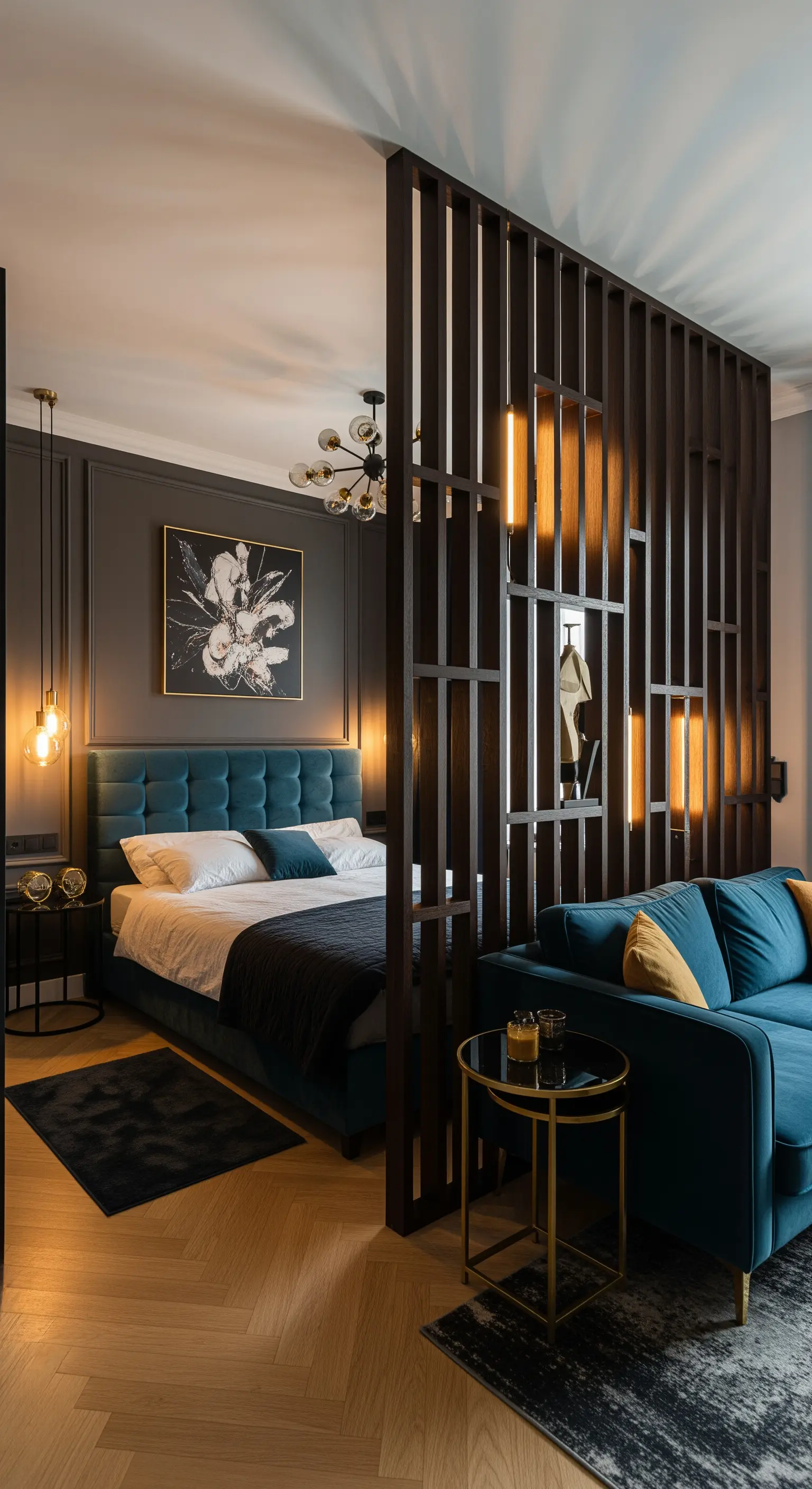 Offener Raumteiler aus dunklen Holzlatten mit integrierten Leuchtelementen.