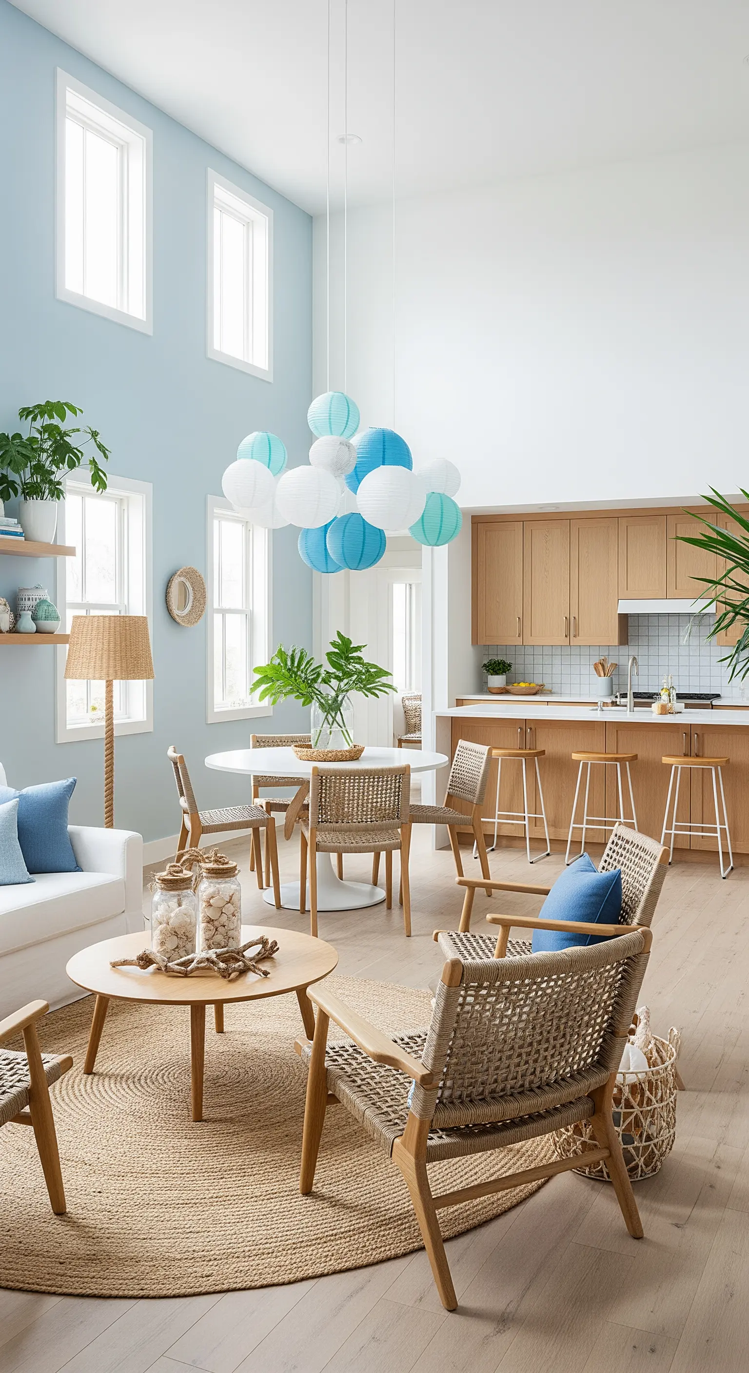 Papierlampions, offener Wohnbereich, Korbmöbel