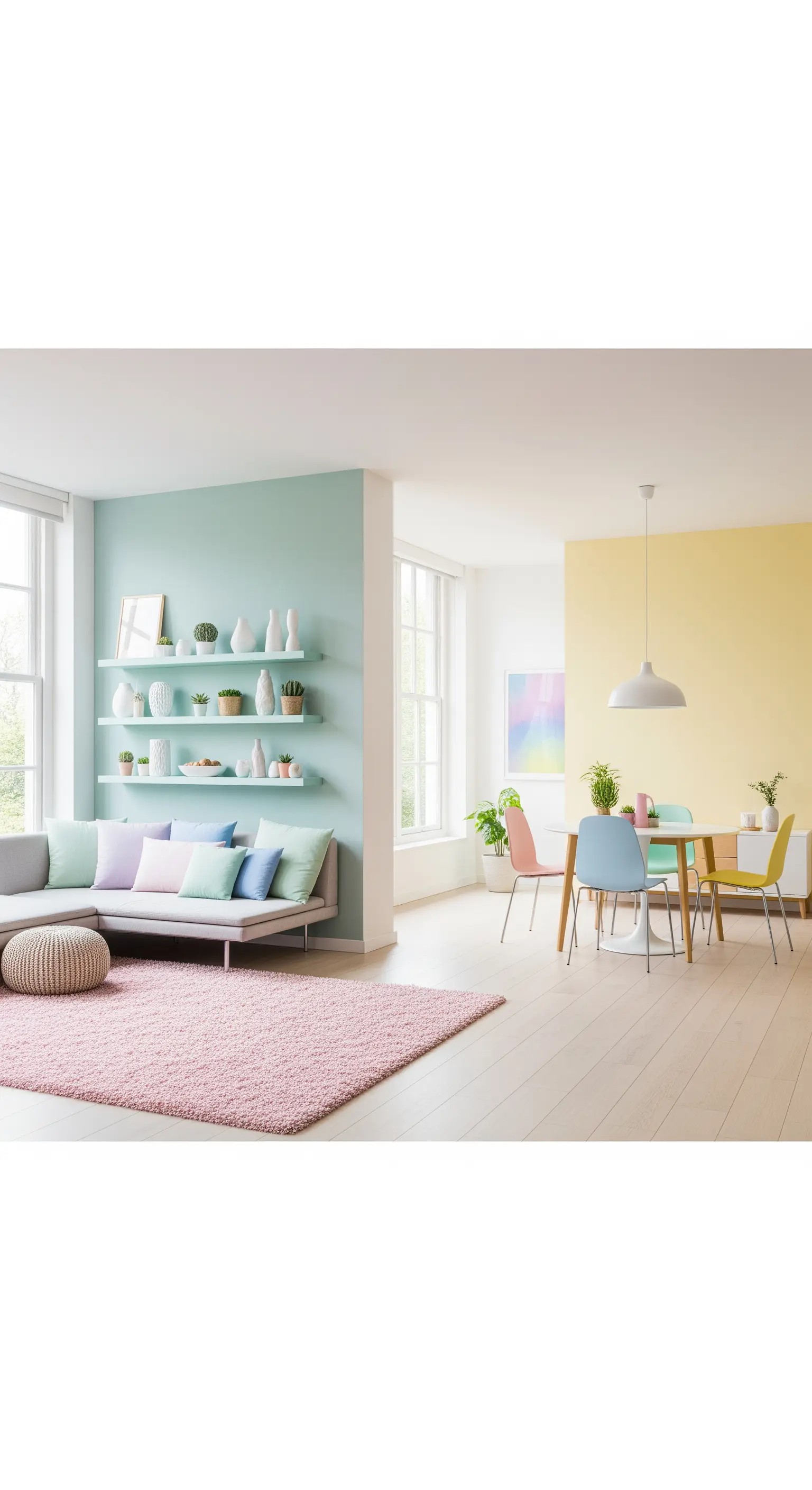 Offener Wohnbereich mit mintgrüner und pastellgelber Wand, bunte Stühle