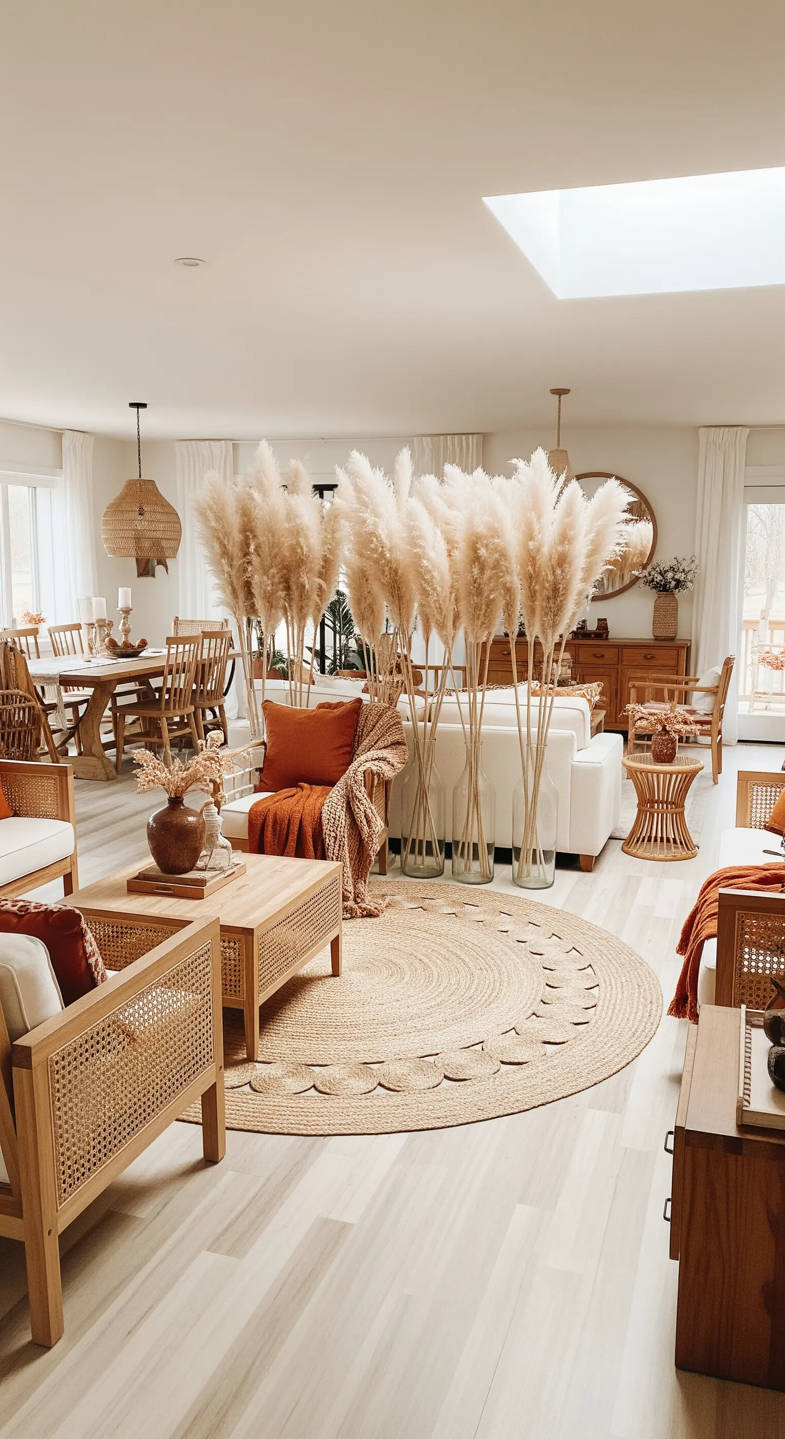 Offener Wohnbereich, große Pampasgras-Vasen, Rattanmöbel