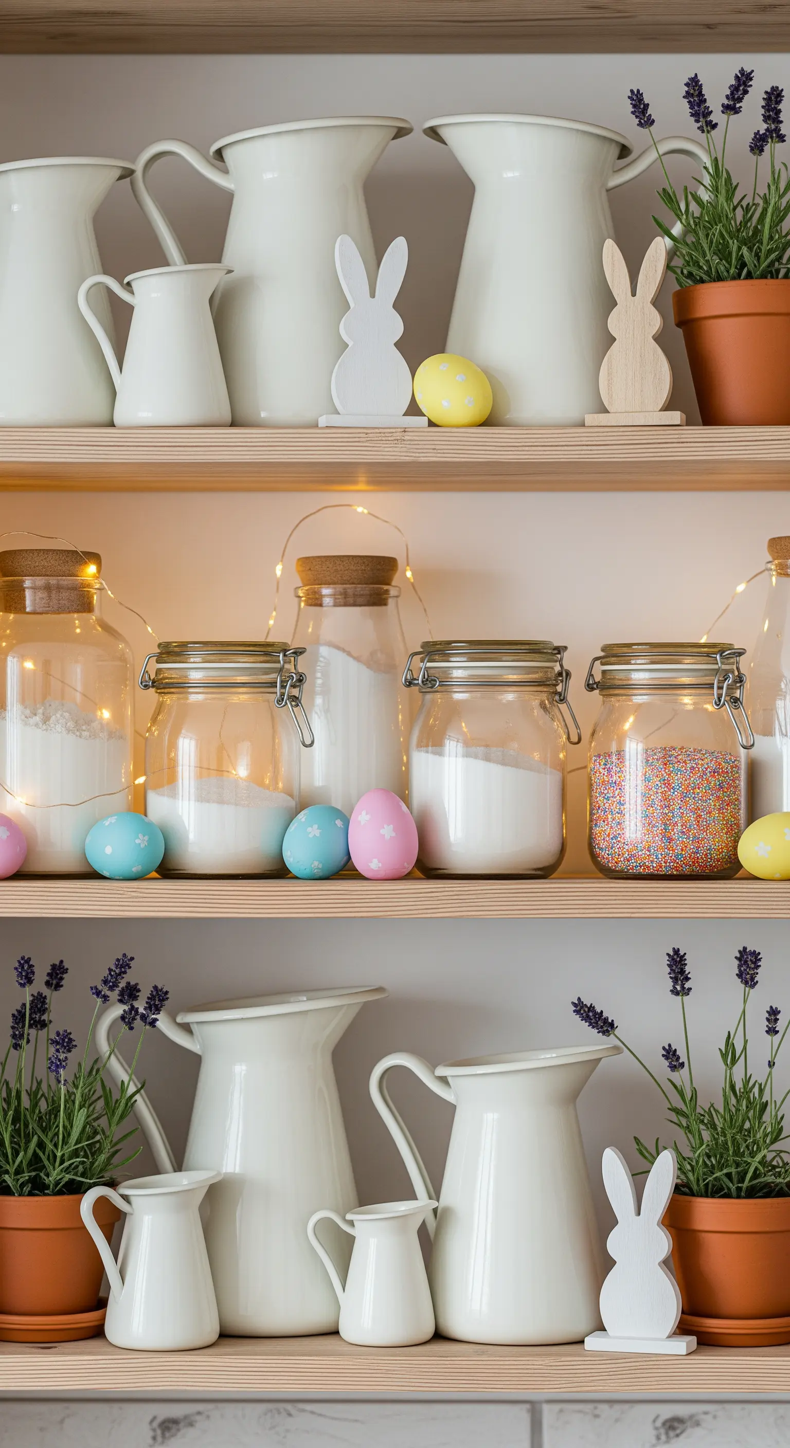Regal-Deko mit weißen Krügen, Osterhasen und Lavendel in Töpfen