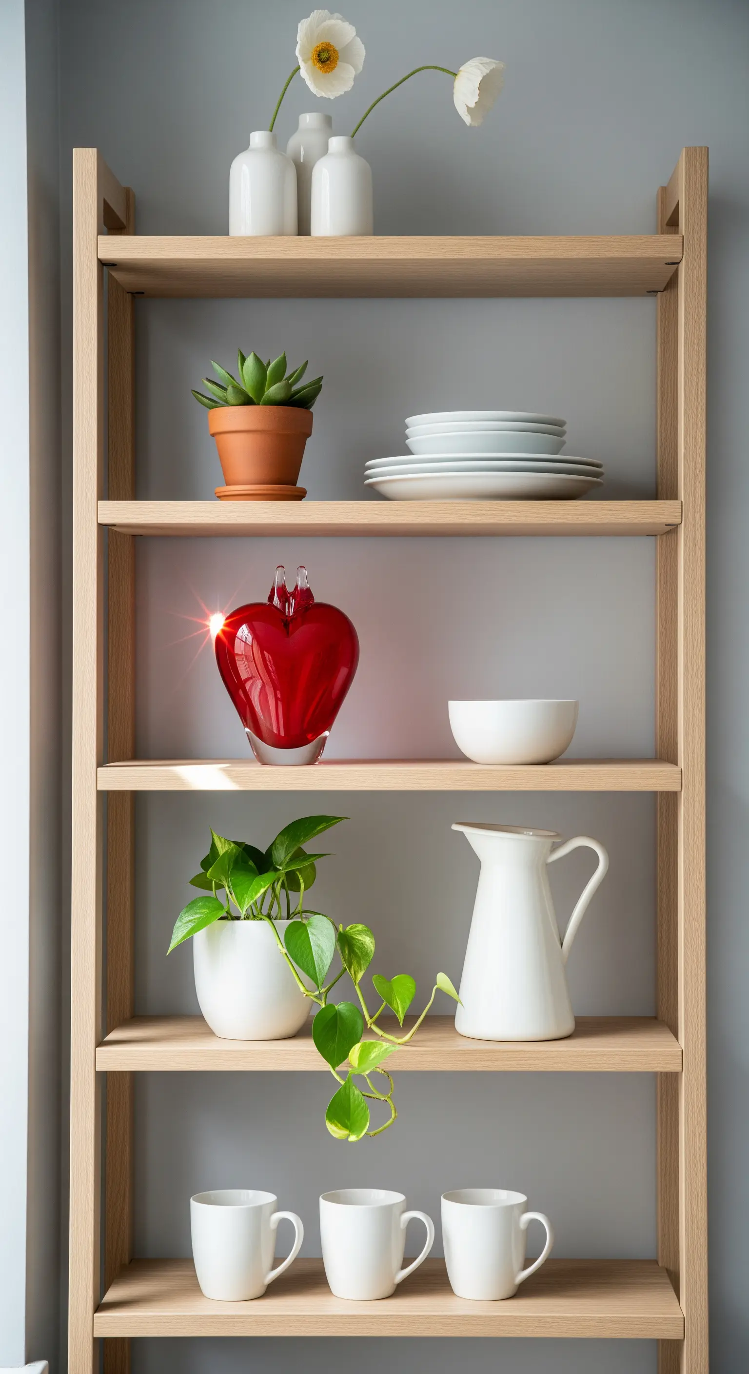 Offenes Holzregal mit Geschirr, Pflanzen und einem roten Herz aus Glas.