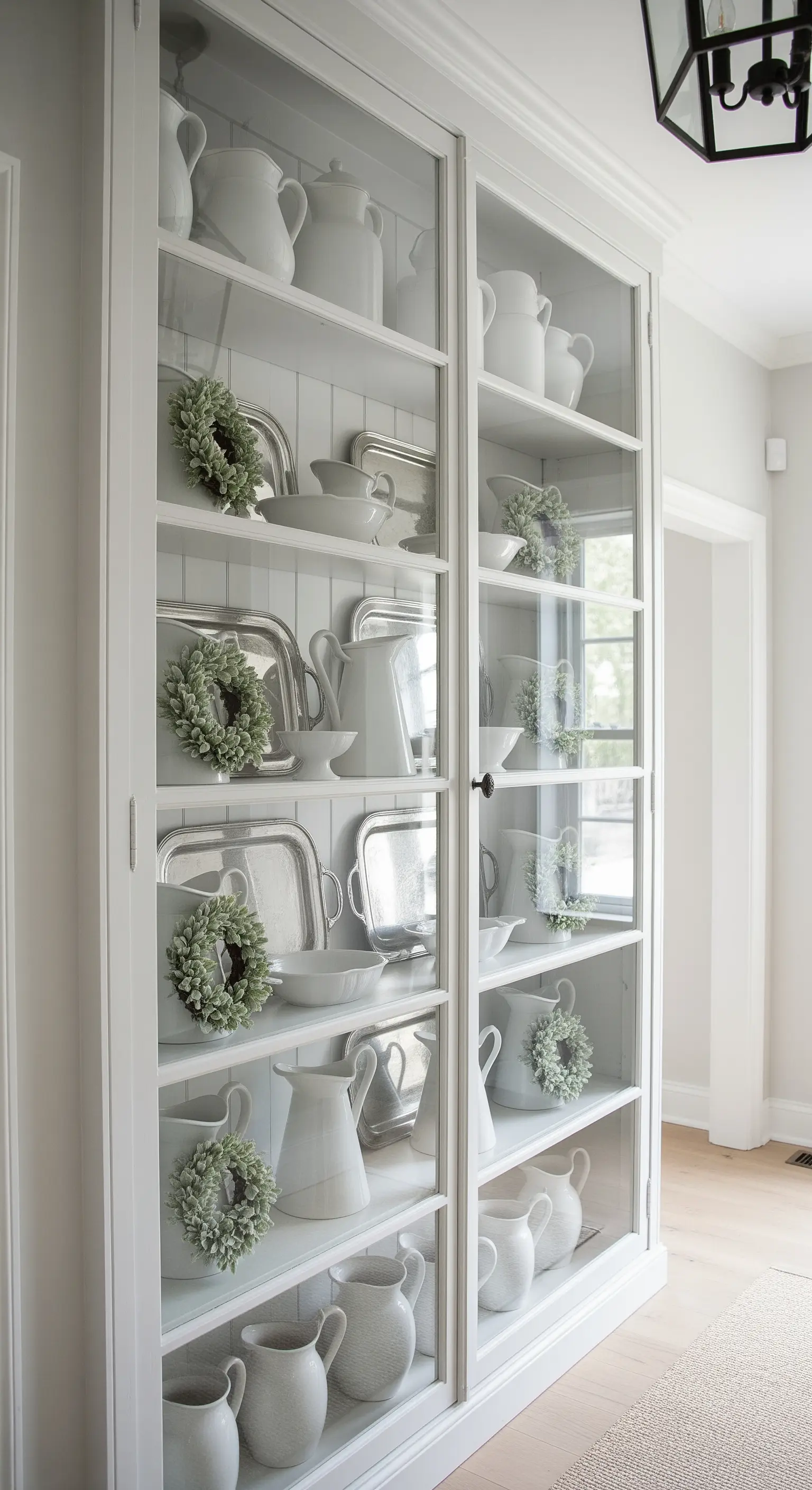 Weißes Regal mit Keramikgeschirr und kleinen grünen Kränzen.
