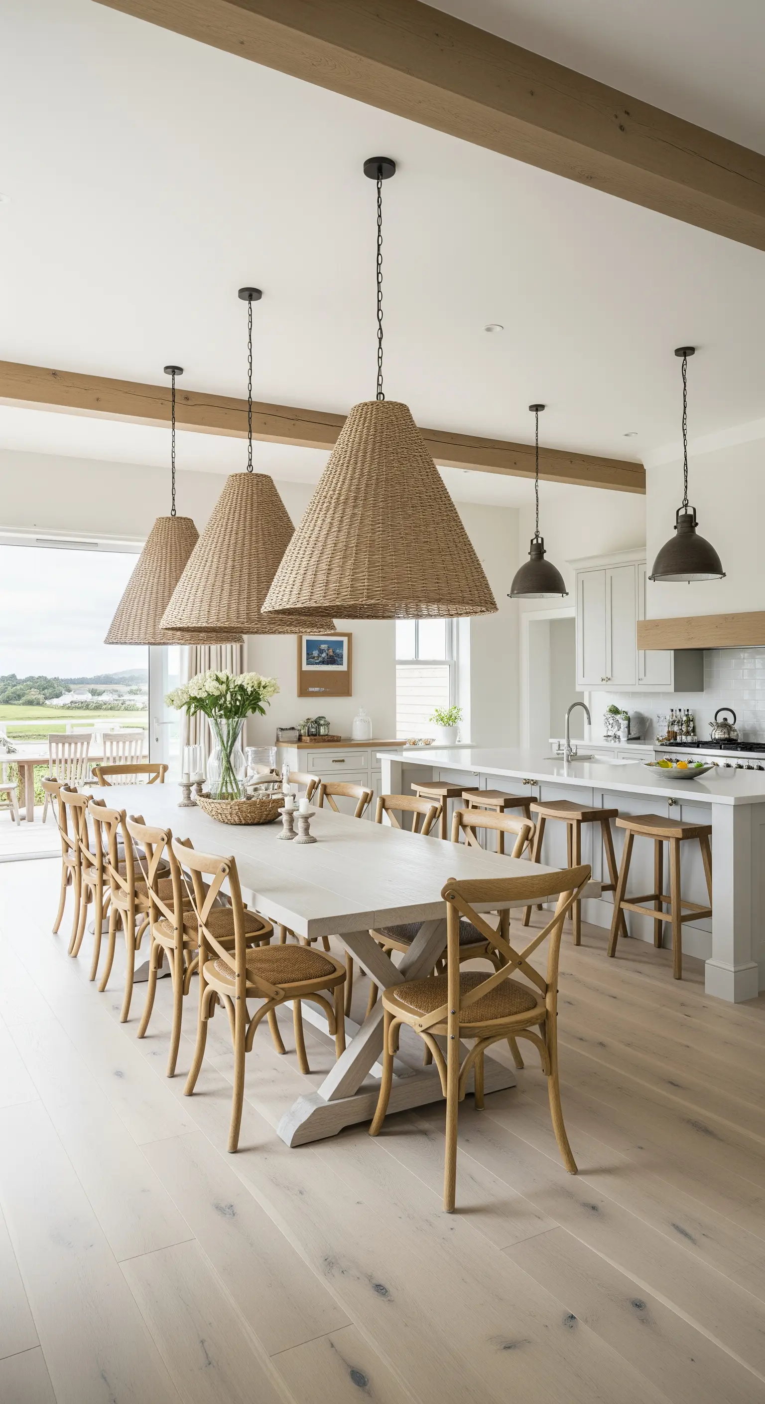 Offene Küche-Esszimmer, drei konische Rattan-Leuchten, Landhaustisch, Holzbalken