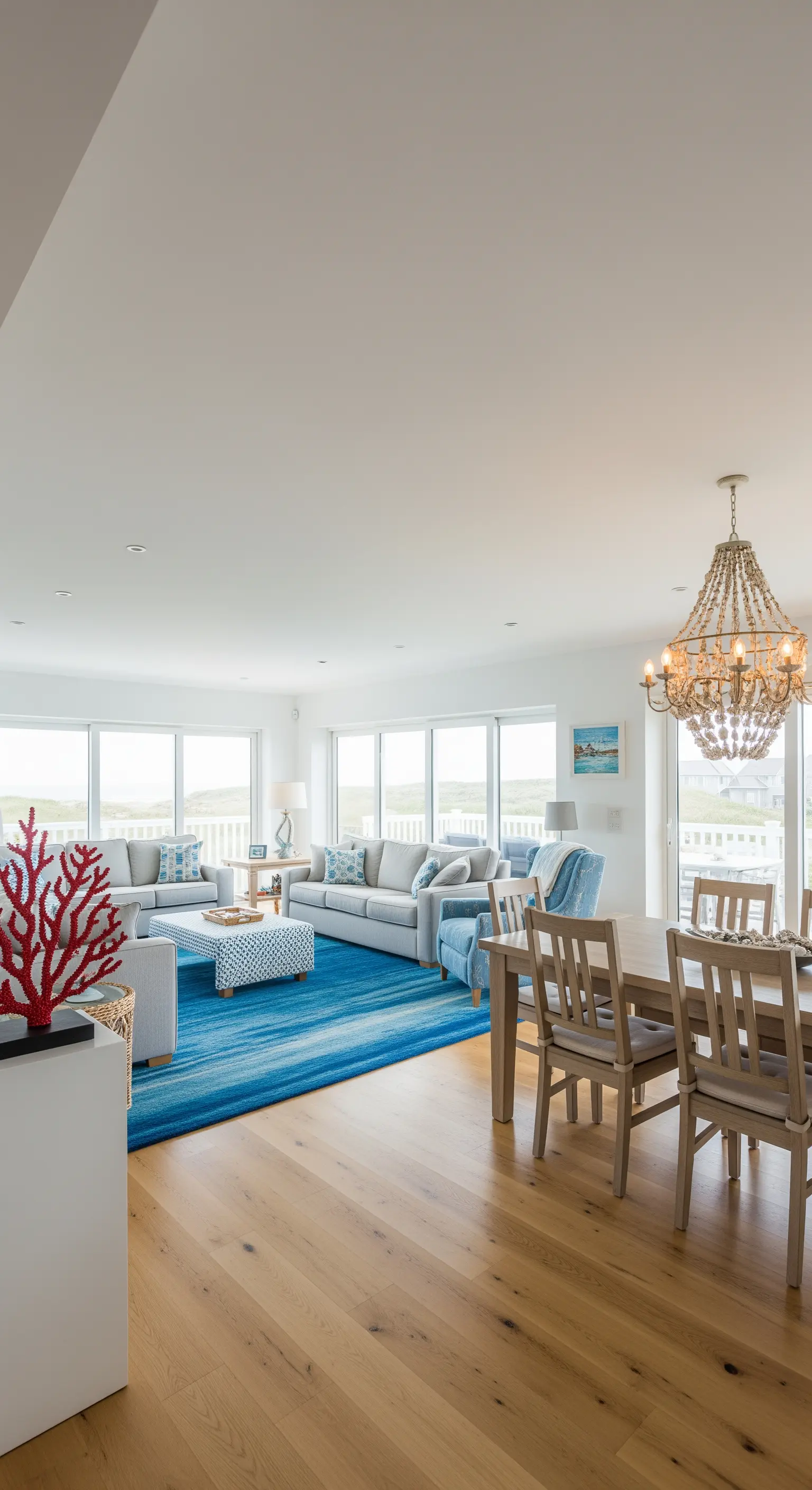 Offenes Wohnzimmer mit blauem Teppich, hellem Sofa und Kronleuchter