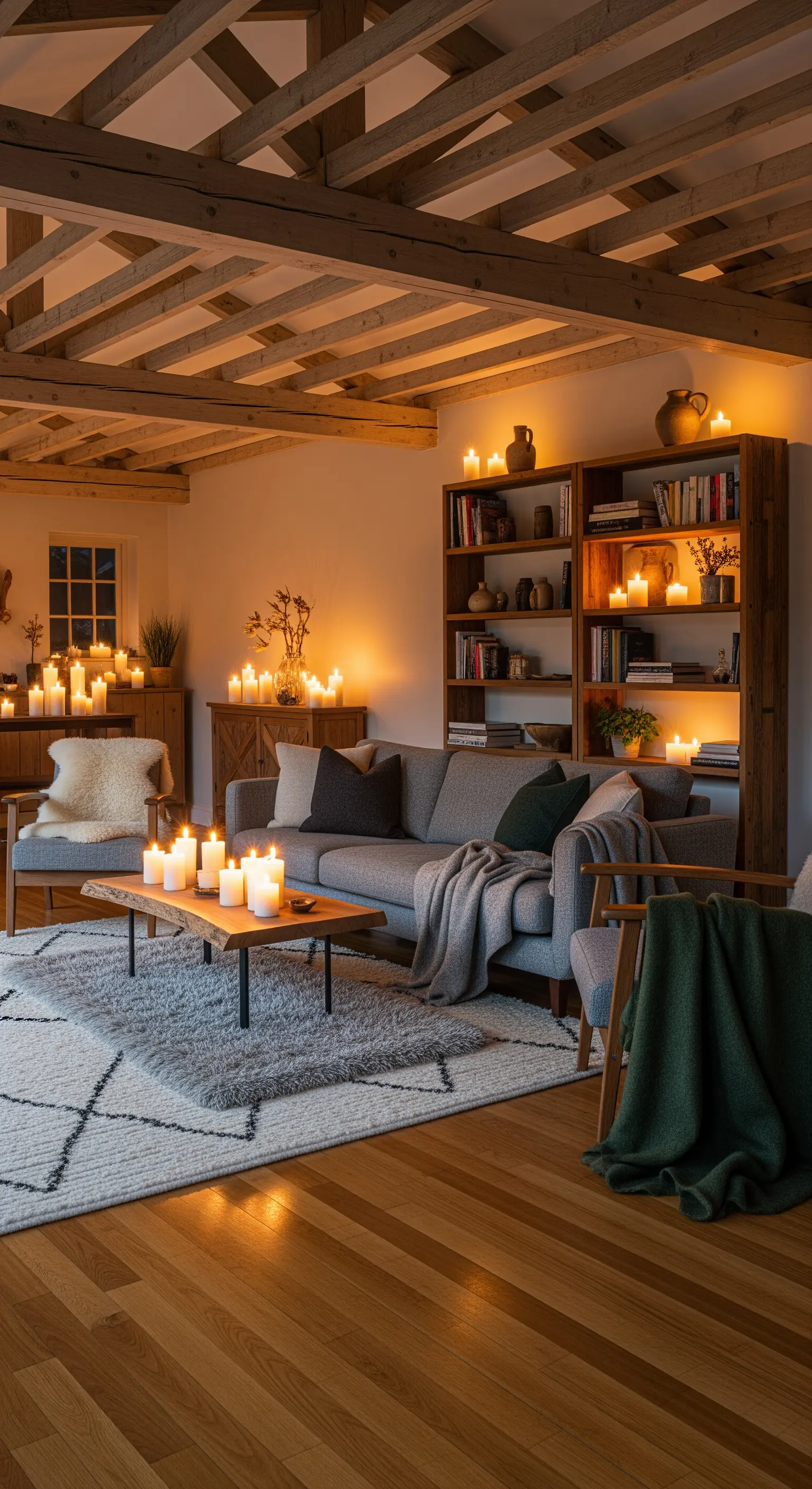 Wohnzimmer, Holzbalken, Kerzen, graues Sofa, Teppich