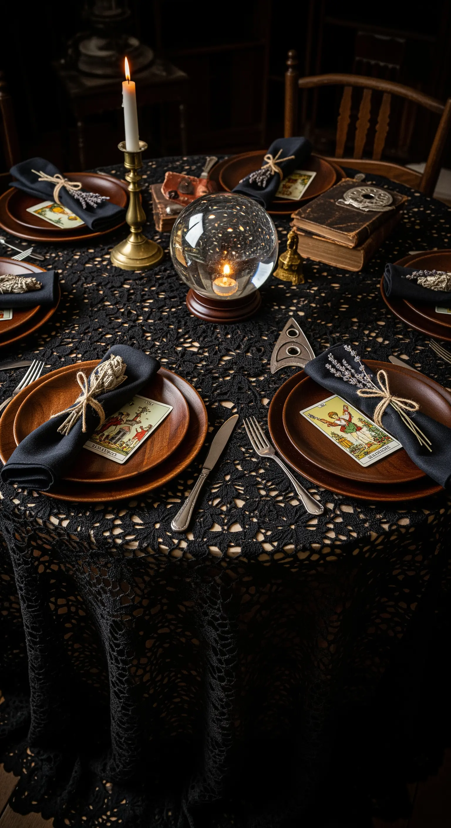 Okkulte Halloween Tischdeko mit schwarzer Spitze, Kristallkugel und Tarotkarten
