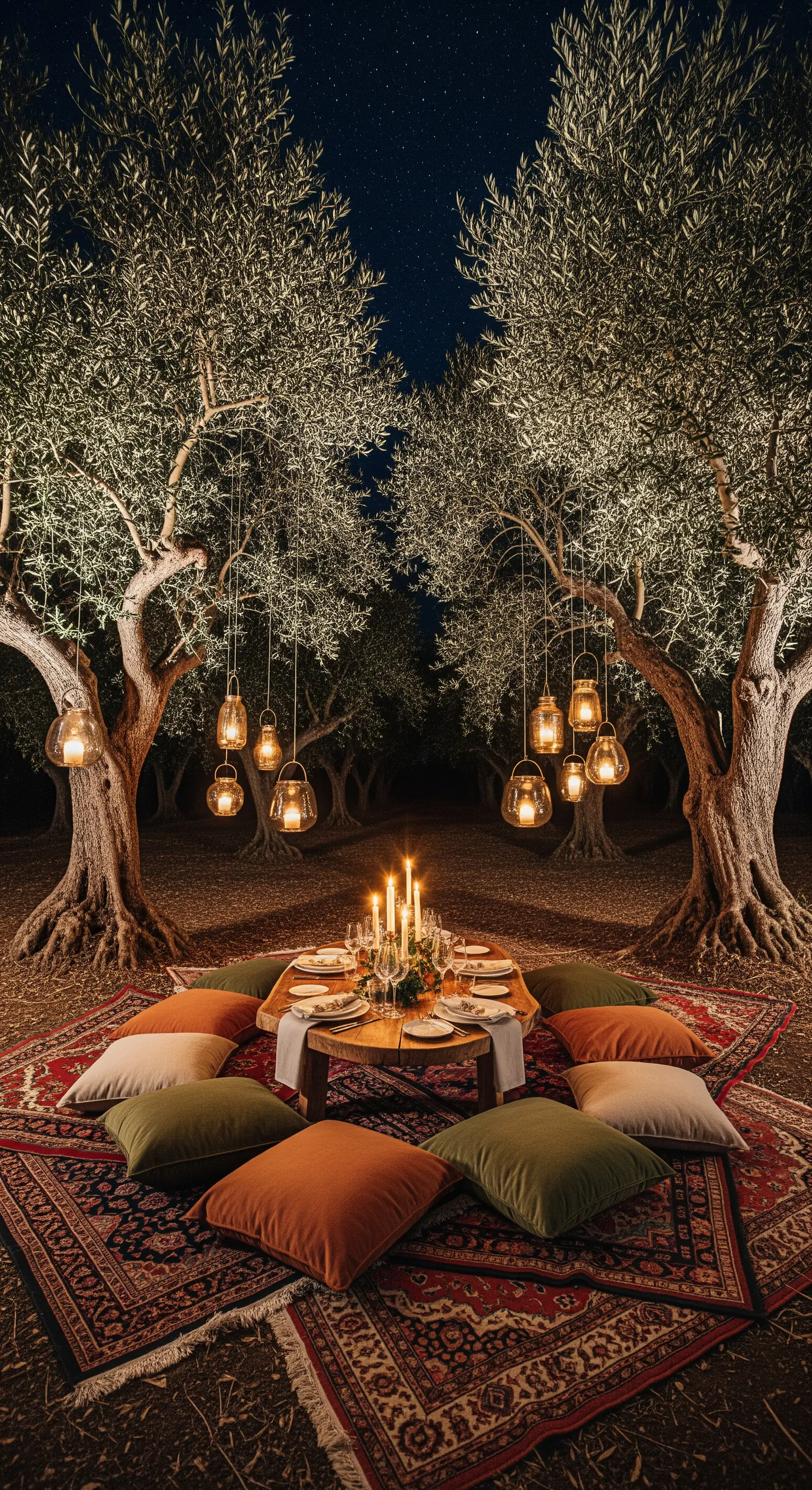 Bodennahes Dinner im Olivenhain mit Kissen und hängenden Laternen