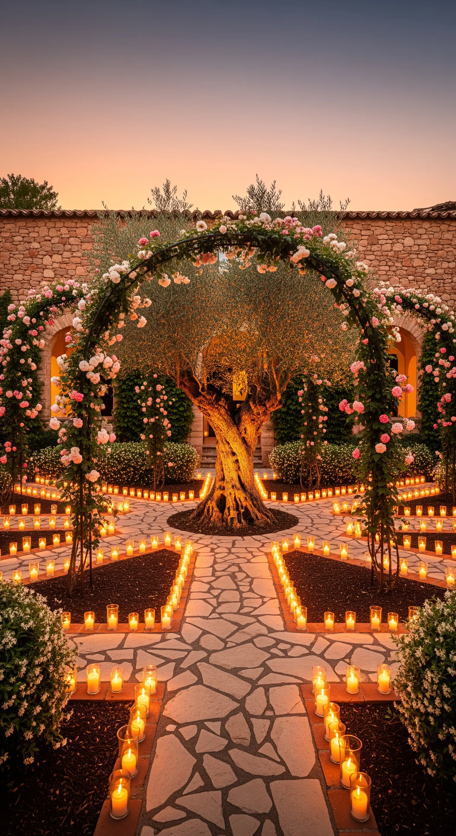 Olivenbaum-Hof mit Rosenbögen, Steinpflaster und kreisförmigem Kerzenlicht