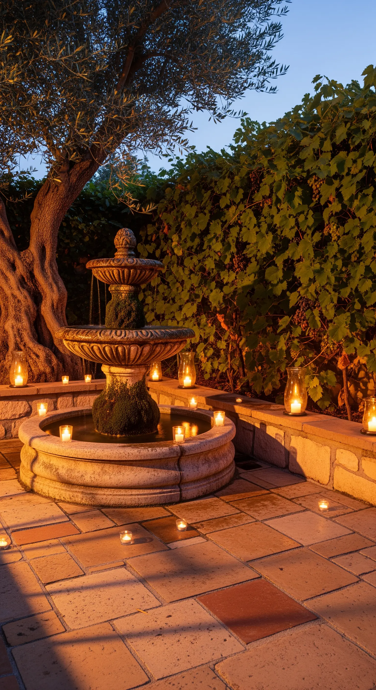 Olivenbaum-Terrasse mit Steinbrunnen, Windlichtern und Teelichtern auf dem Boden