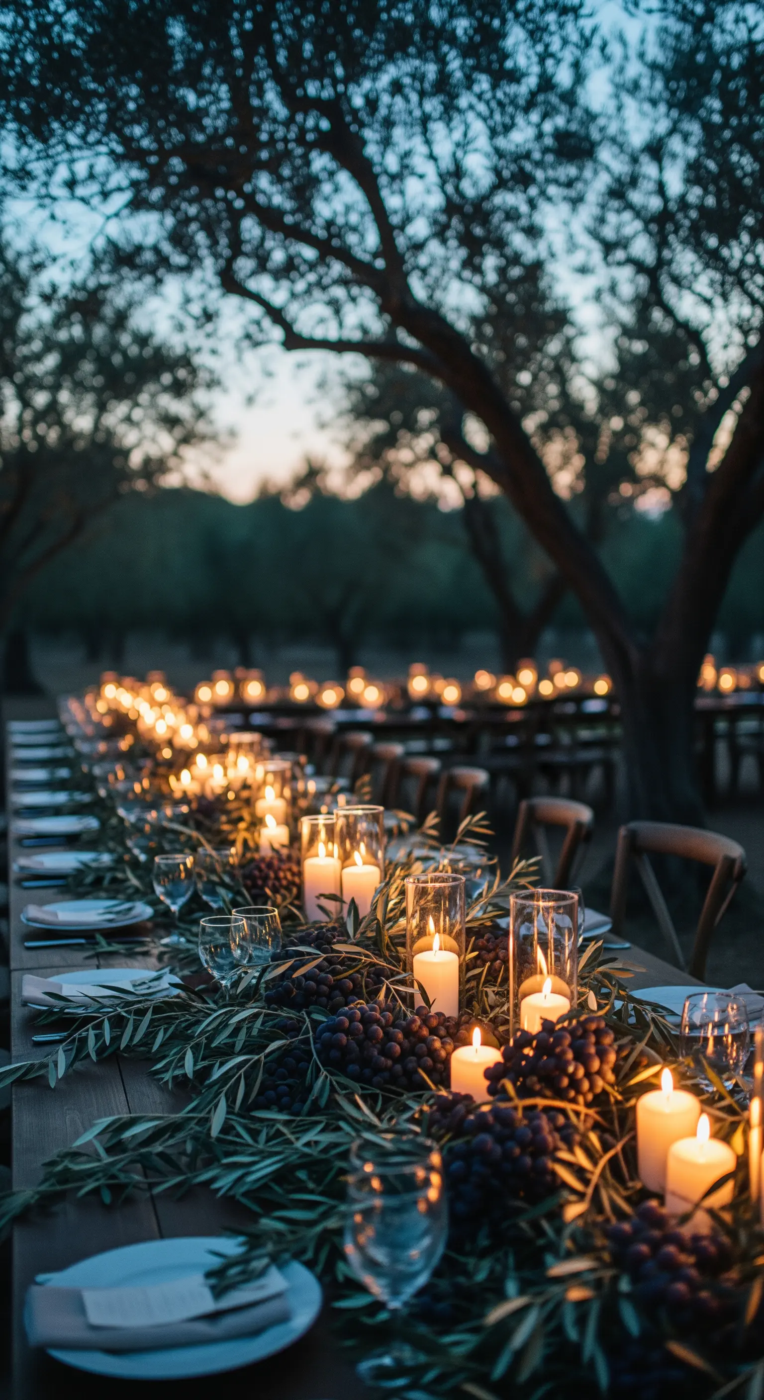 Lange Tafel im Olivenhain mit Olivenzweigen, dunklen Trauben und vielen Kerzen in Windlichtern