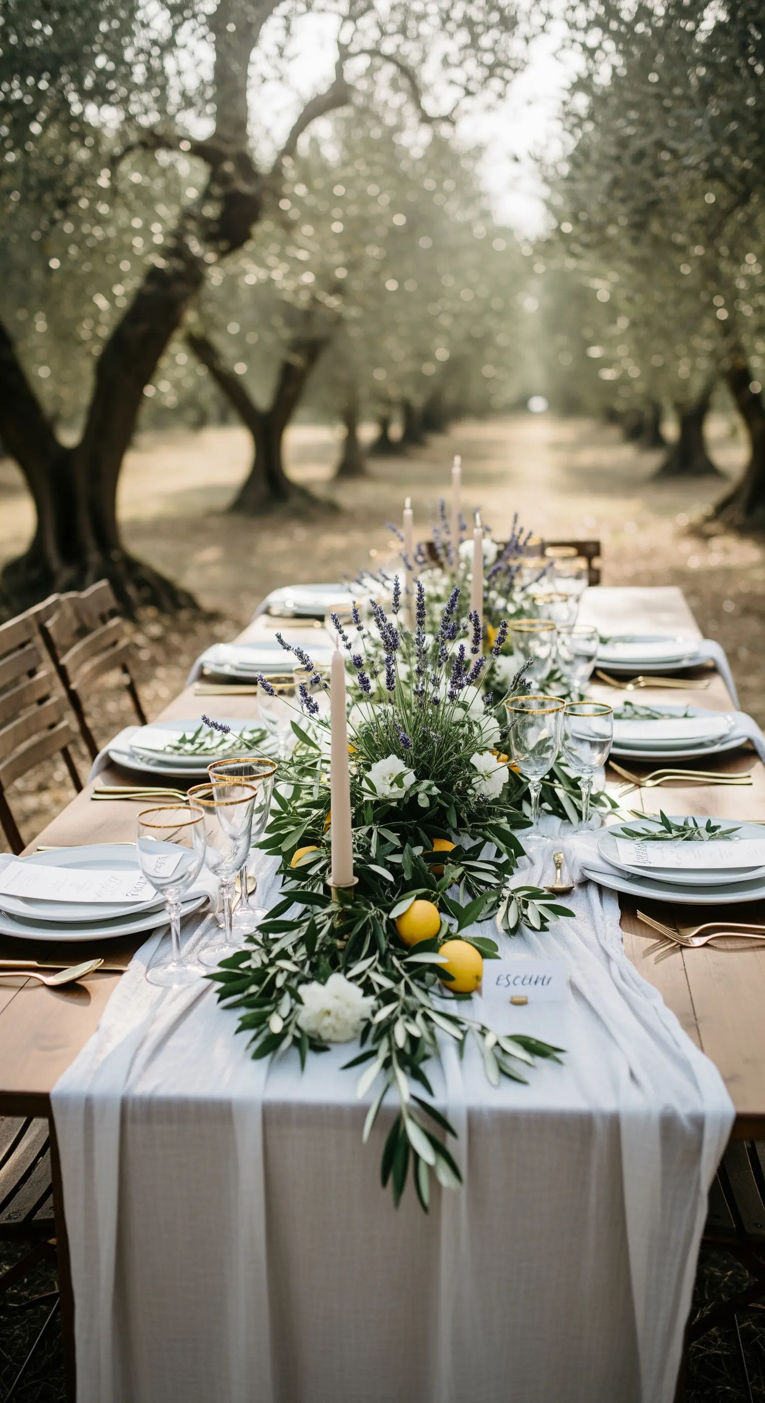 Langer Holztisch mit Olivenzweigen, Zitronen und Kerzen im Olivenhain