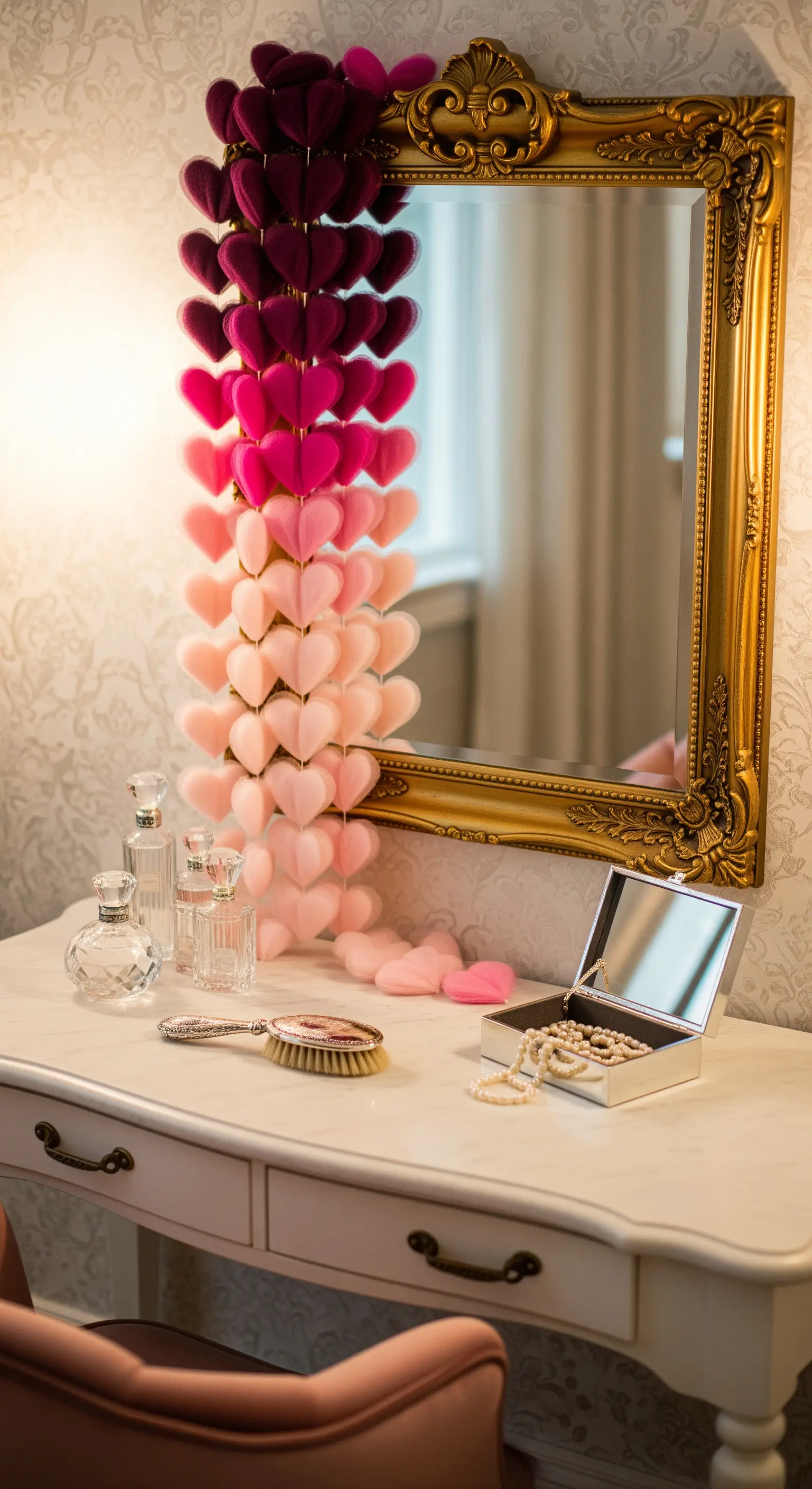 Ombre-Herz-Girlande, Schminktisch, goldener Spiegel, weiches Filz