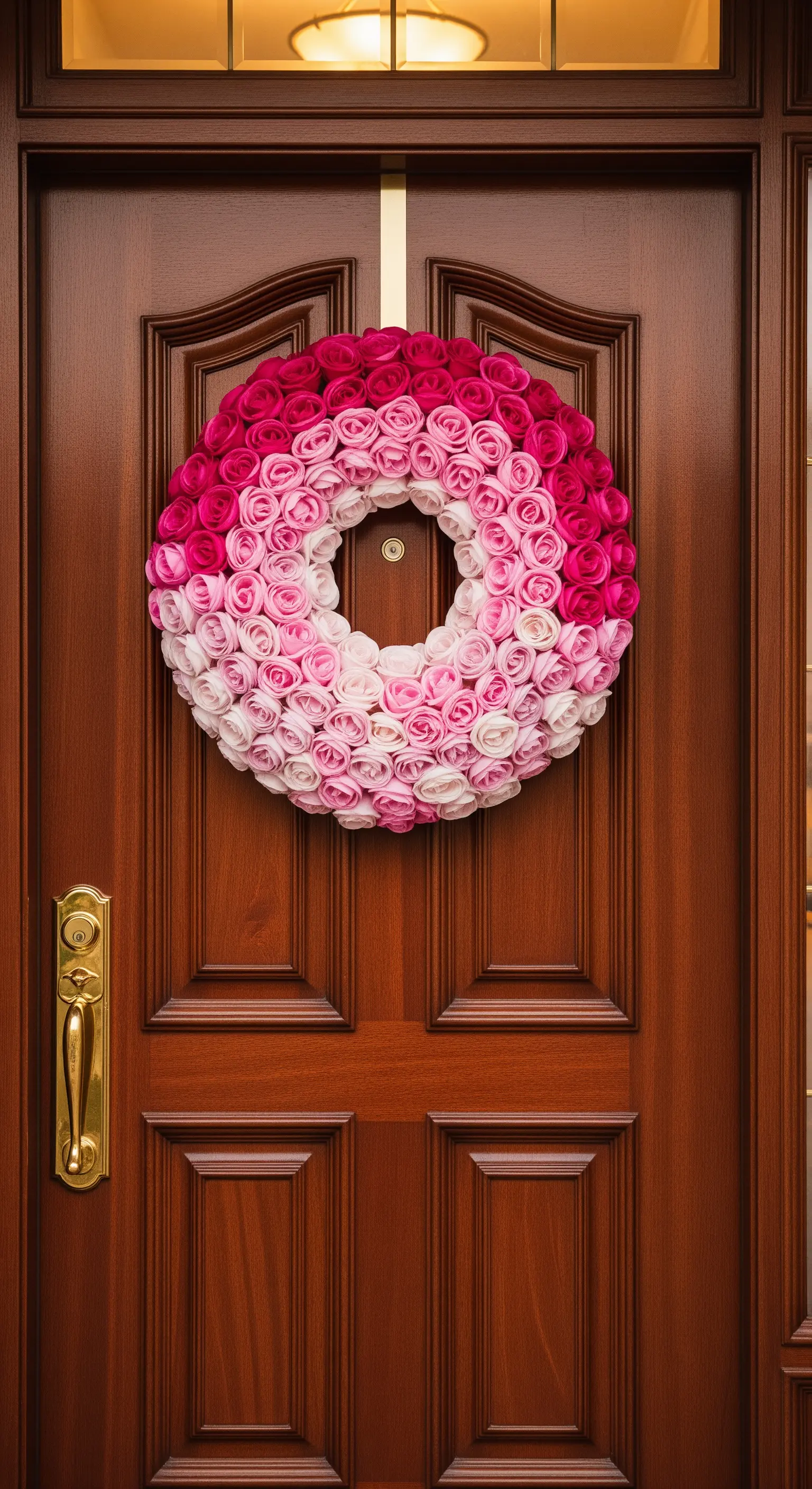 Kranz aus gefalteten Rosen in einem Ombré-Verlauf von Fuchsia zu Weiß an einer dunklen Tür.