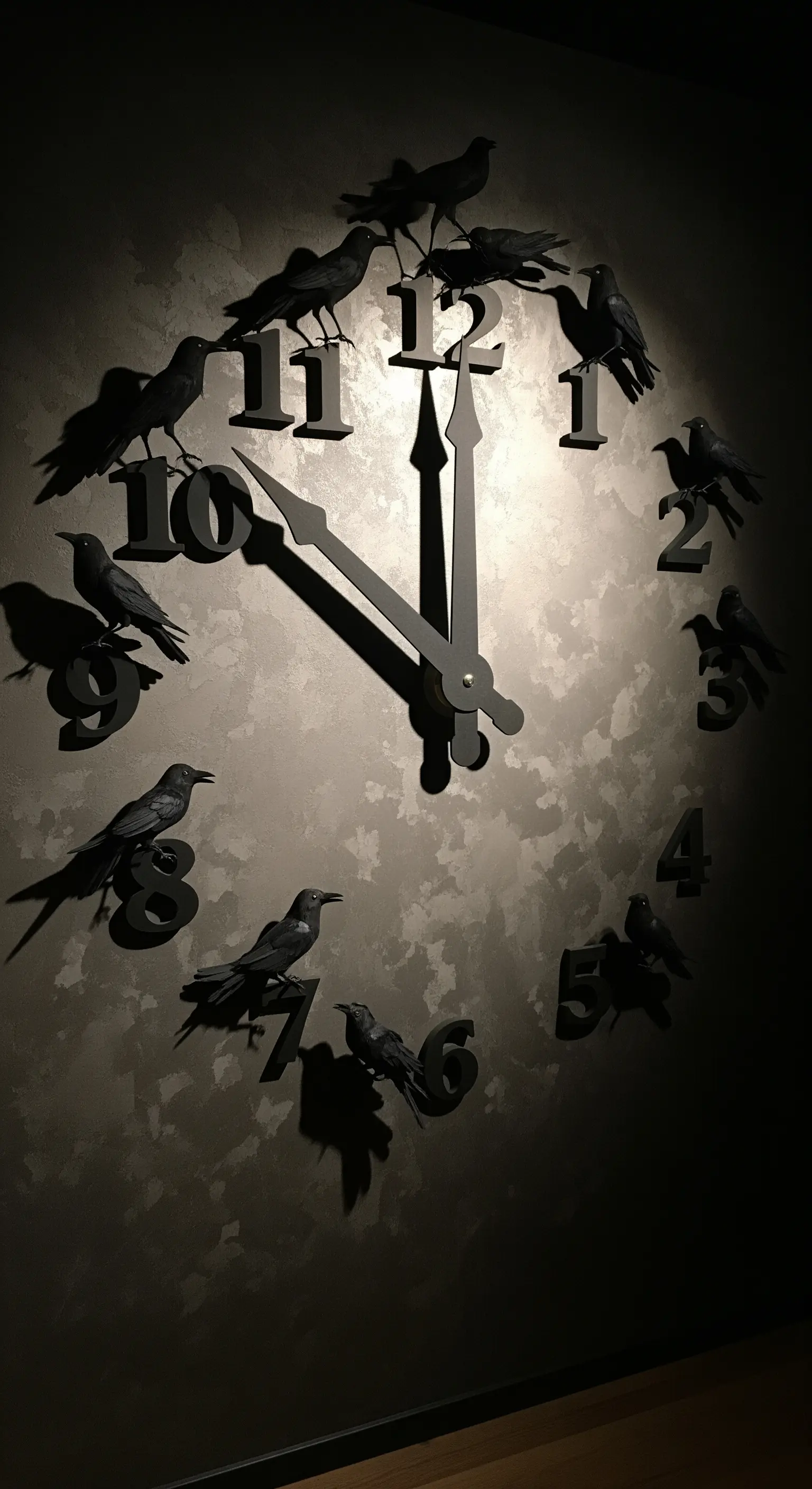 Große Wanduhr, auf der schwarze Raben anstelle von oder auf den Zahlen sitzen.