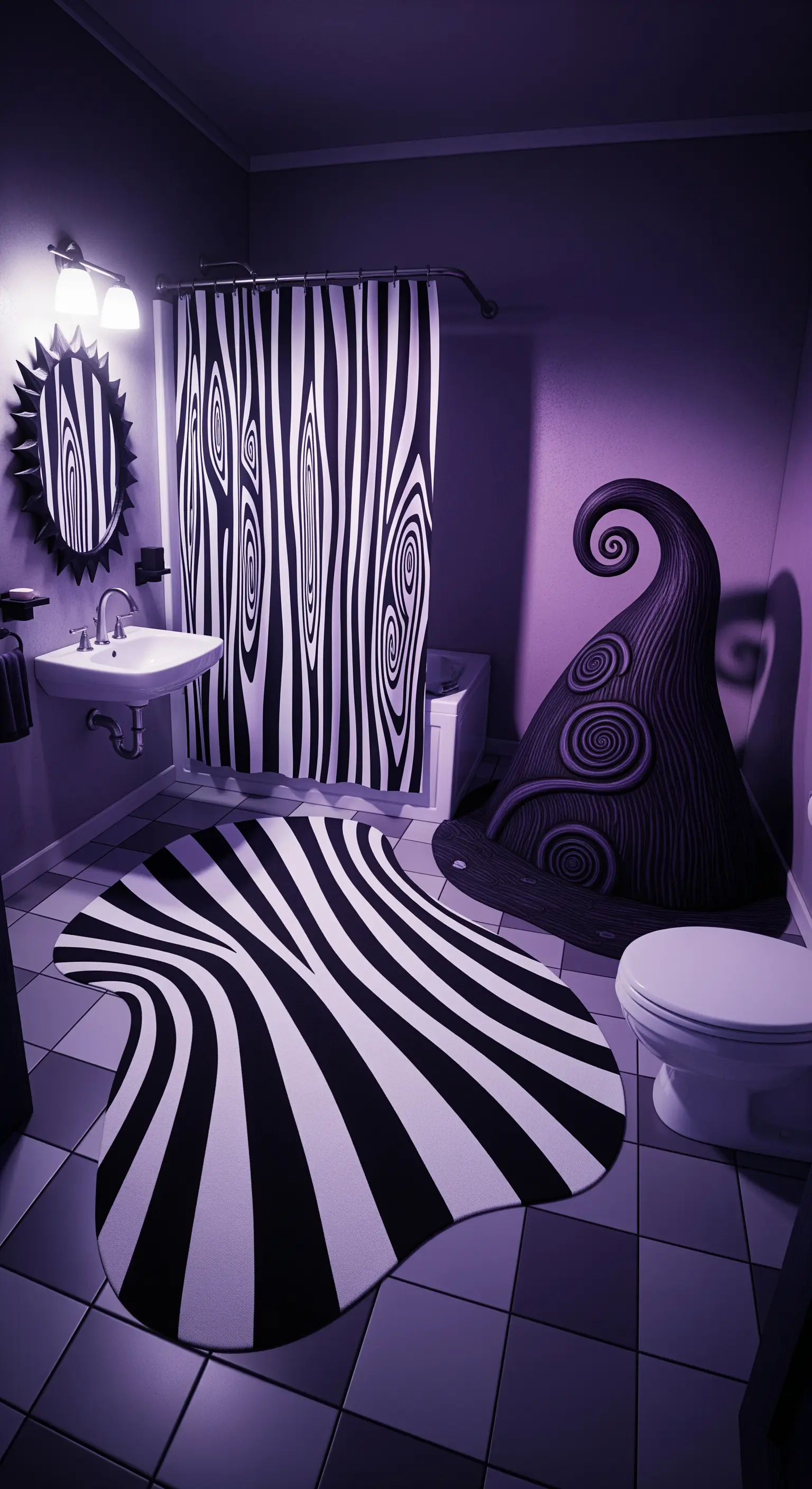 Badezimmer mit hypnotischen Schwarz-Weiß-Streifen auf Duschvorhang und Teppich, violettes Licht