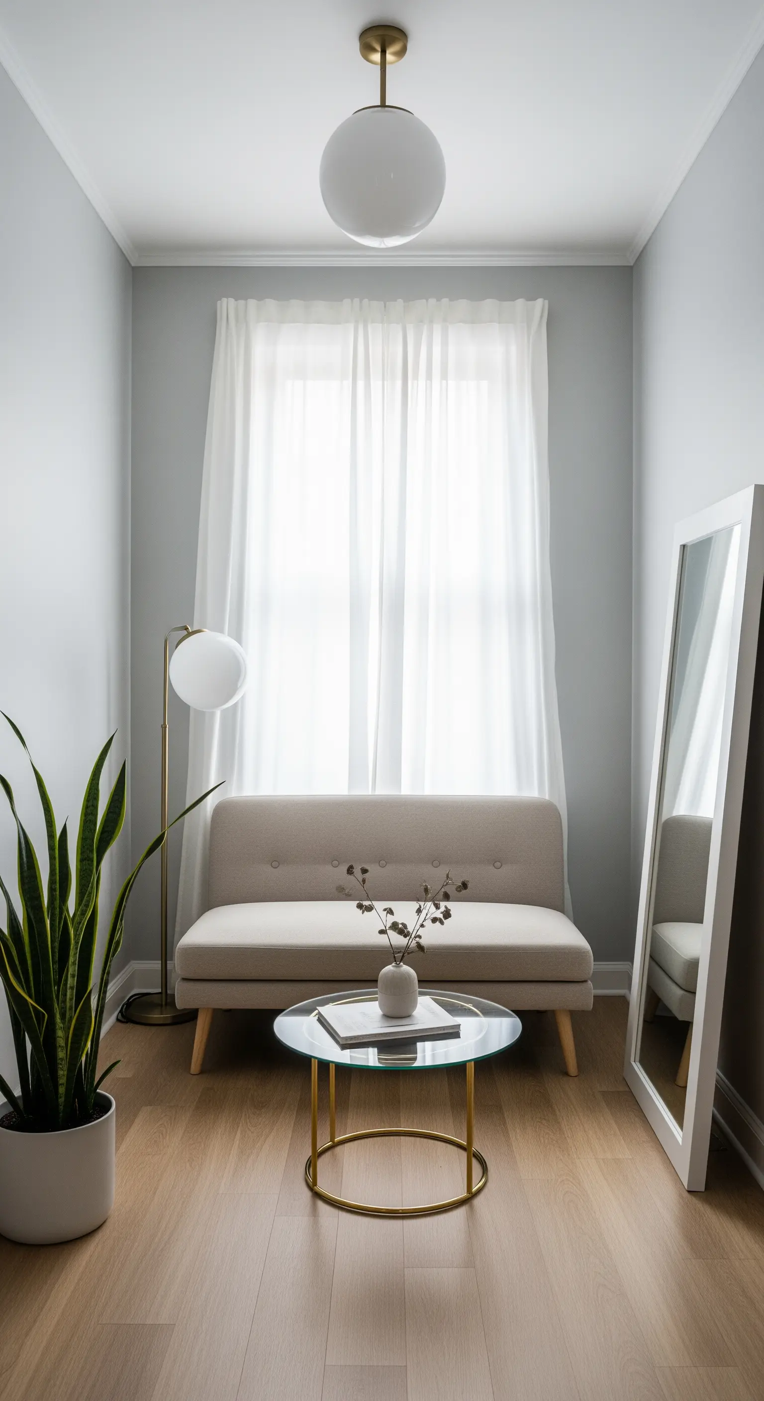 Kleiner, heller Raum mit einem großen Spiegel, einem Glastisch und einer großen Zimmerpflanze.