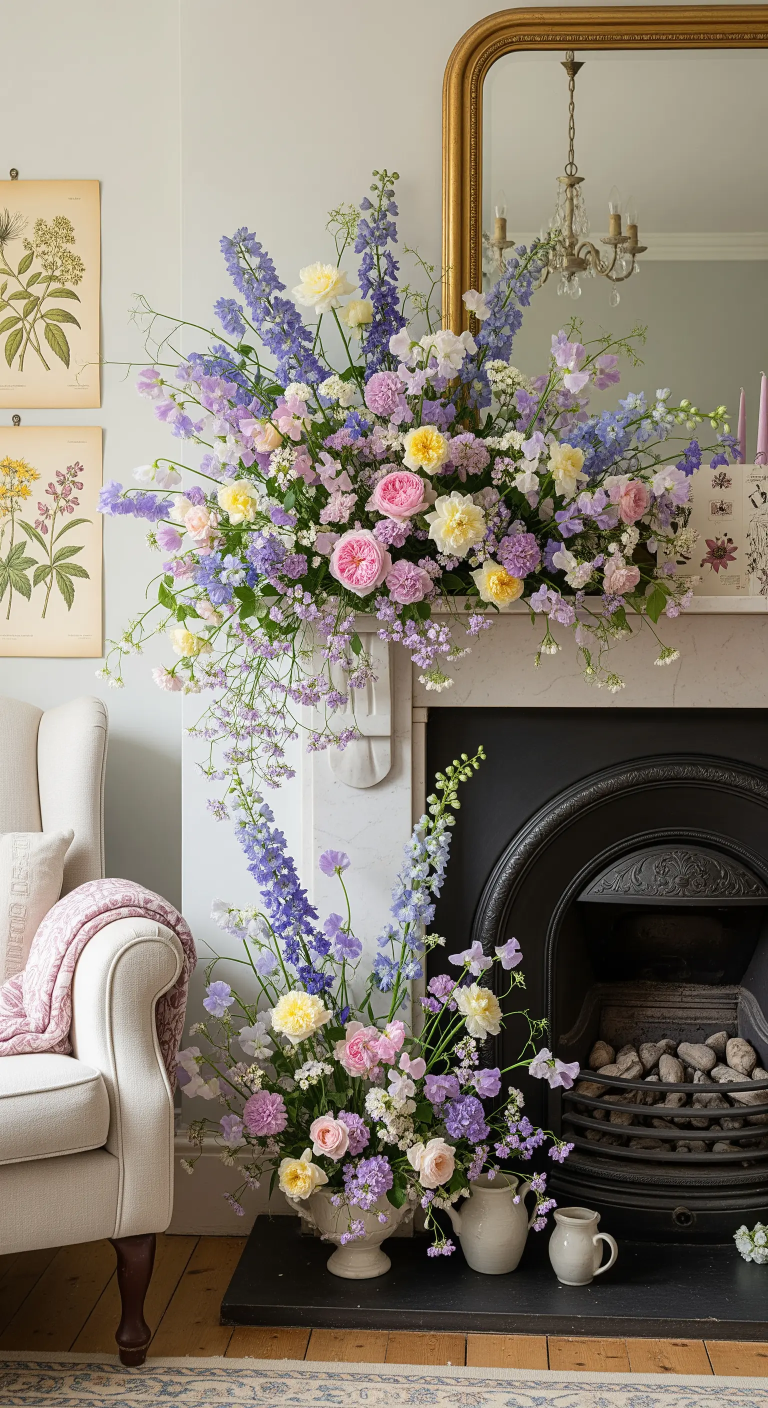 Üppiges, kaskadierendes Blumenarrangement in Pastelltönen auf einem Marmorkamin.