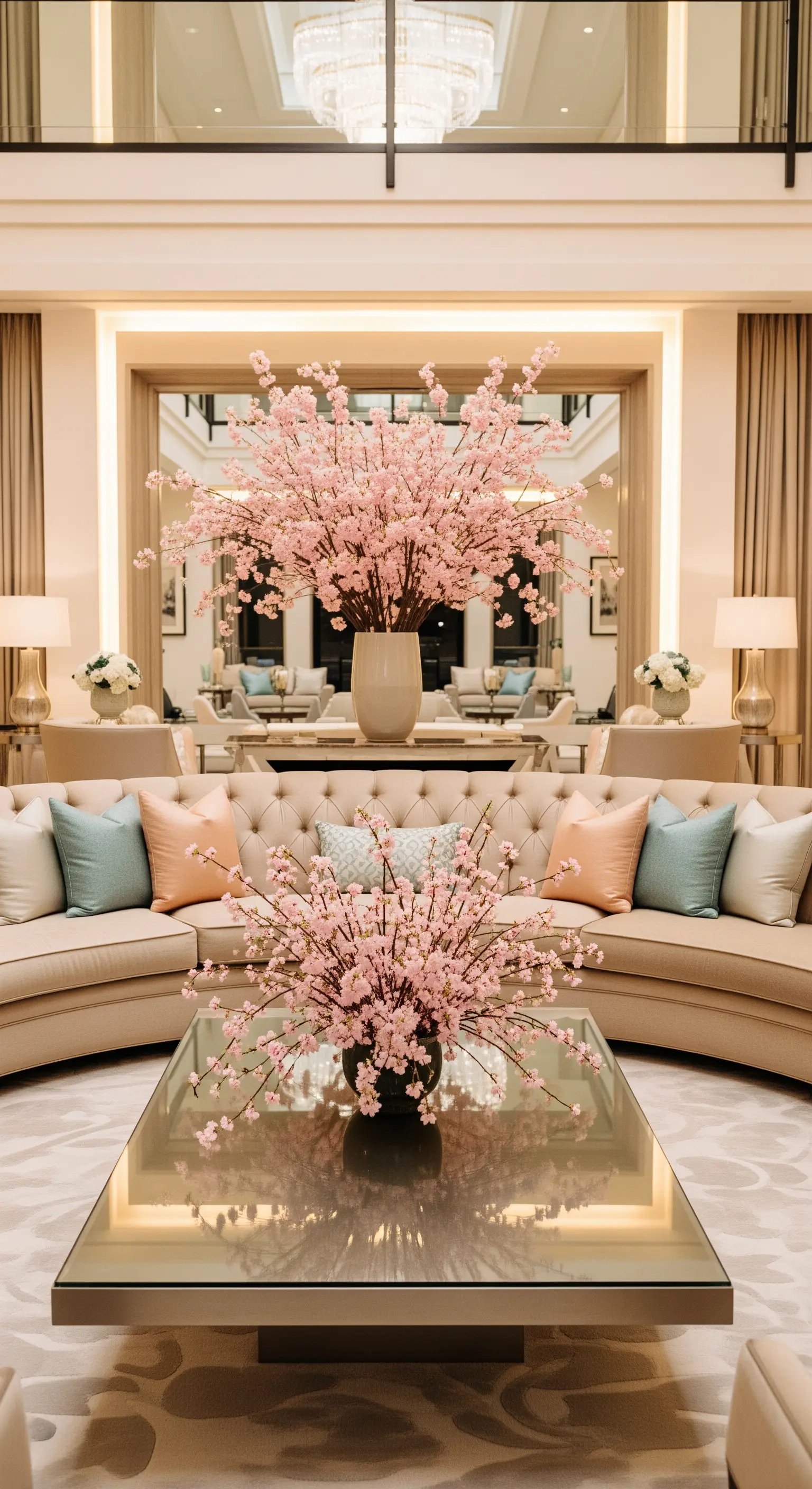 Luxuriöses Wohnzimmer mit gebogenen Sofas, Glas-Couchtisch, Kirschblüten