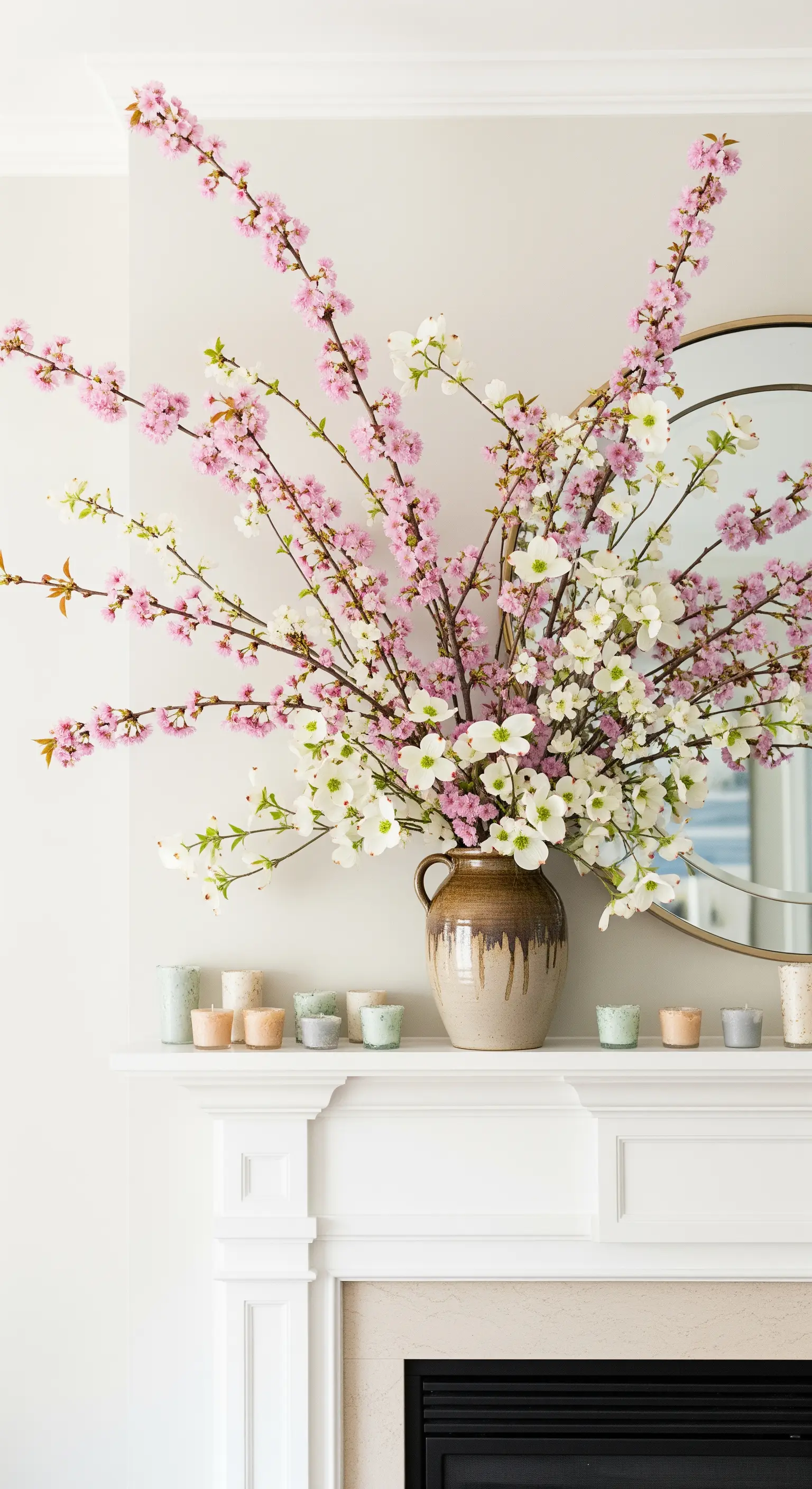 Üppiger Strauß aus rosa und weißen Blütenzweigen in einer großen Keramikvase auf dem Kaminsims