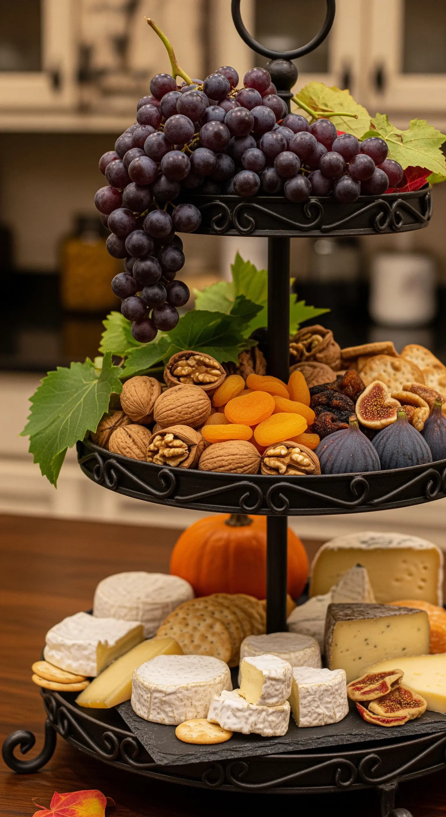 Schwarze Etagere, reich beladen mit Käse, Weintrauben, Nüssen und Feigen