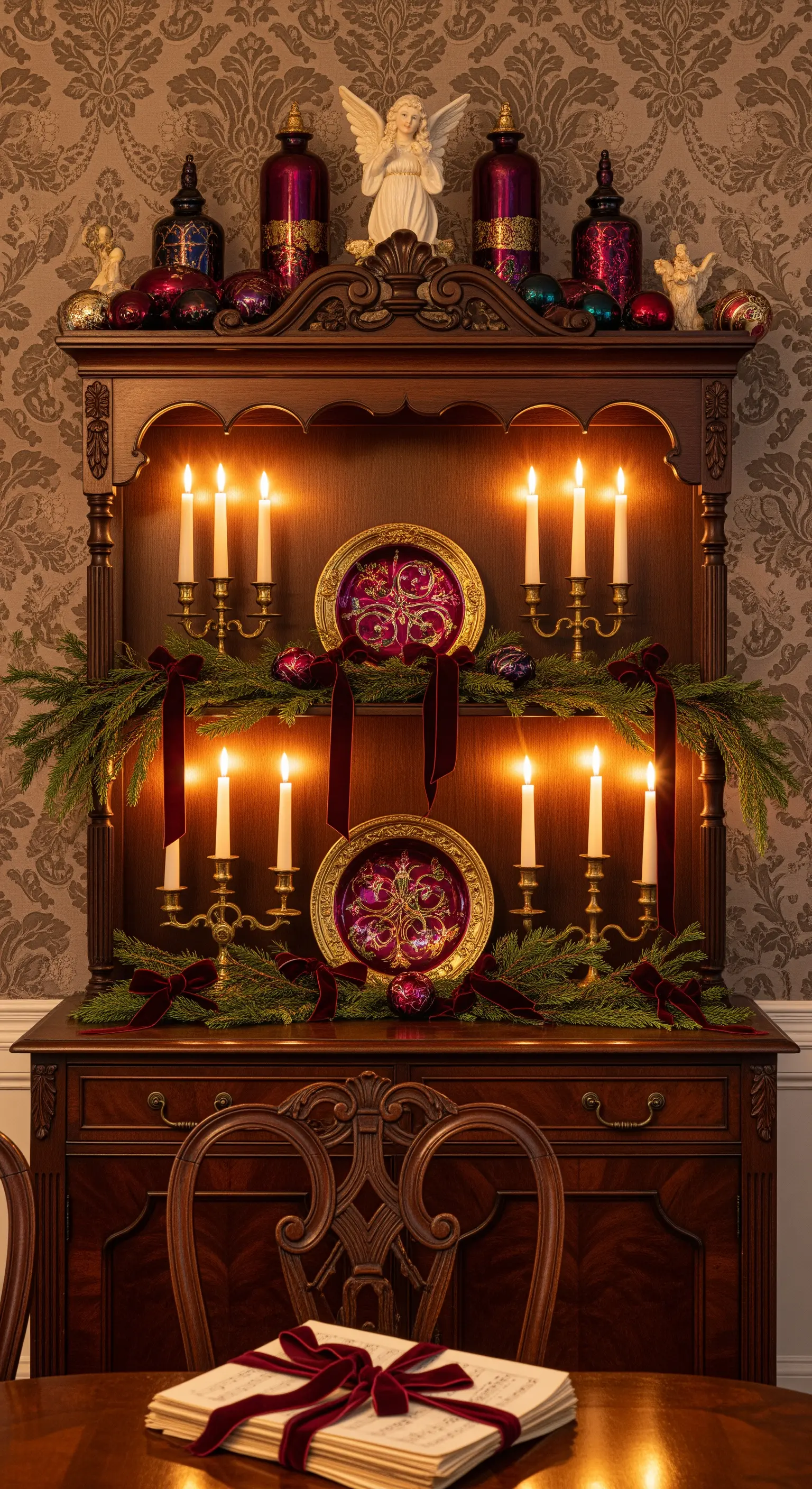 Dunkles Holz-Sideboard mit symmetrisch arrangierten Kerzenleuchtern und Samtschleifen