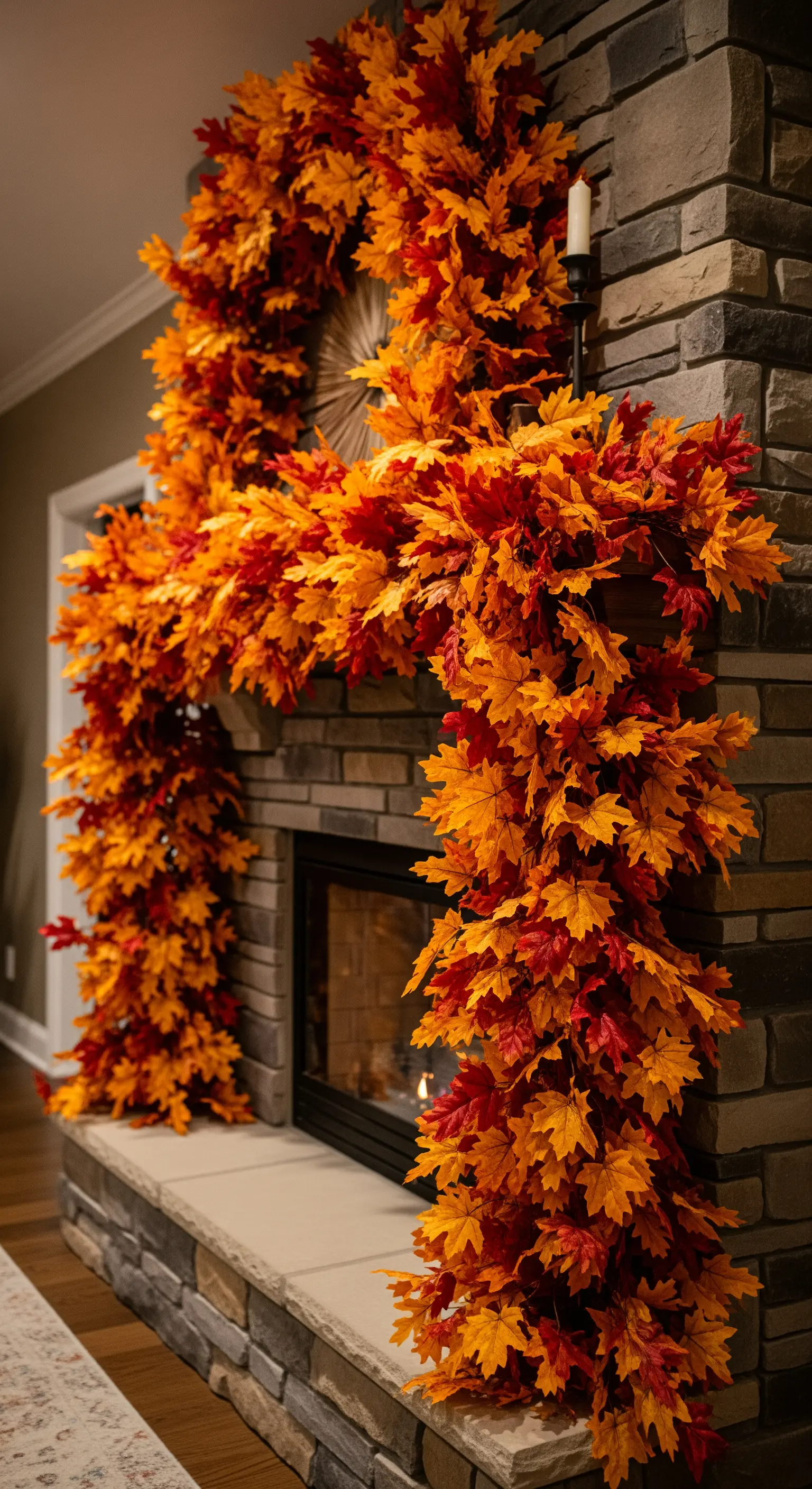 Üppige Herbstgirlande in Orange- und Rottönen, die den gesamten Kamin aus Stein umrahmt.