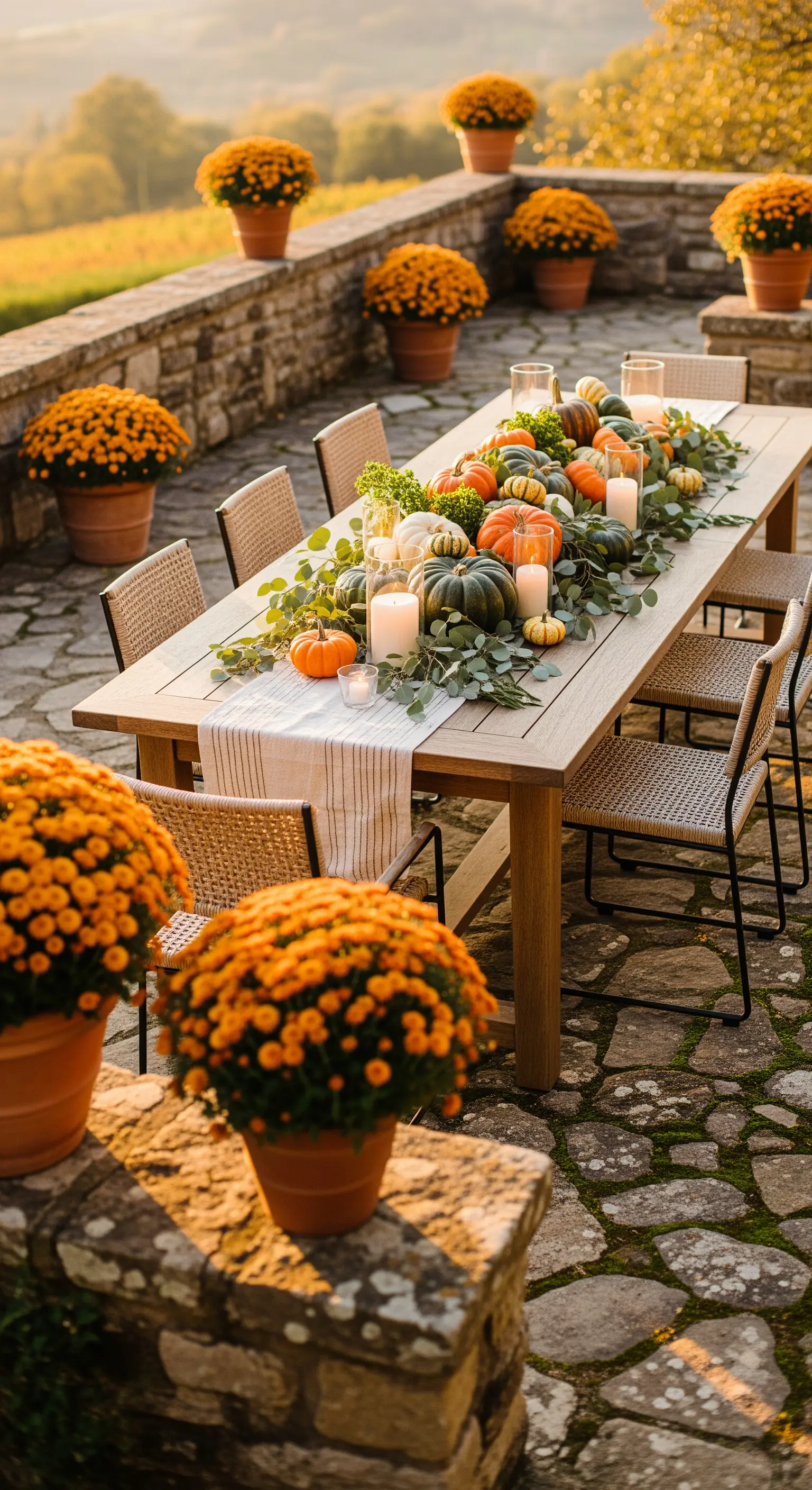 Herbstliche Outdoor-Tafel mit Kürbissen, Eukalyptus, Kerzen und Chrysanthemen