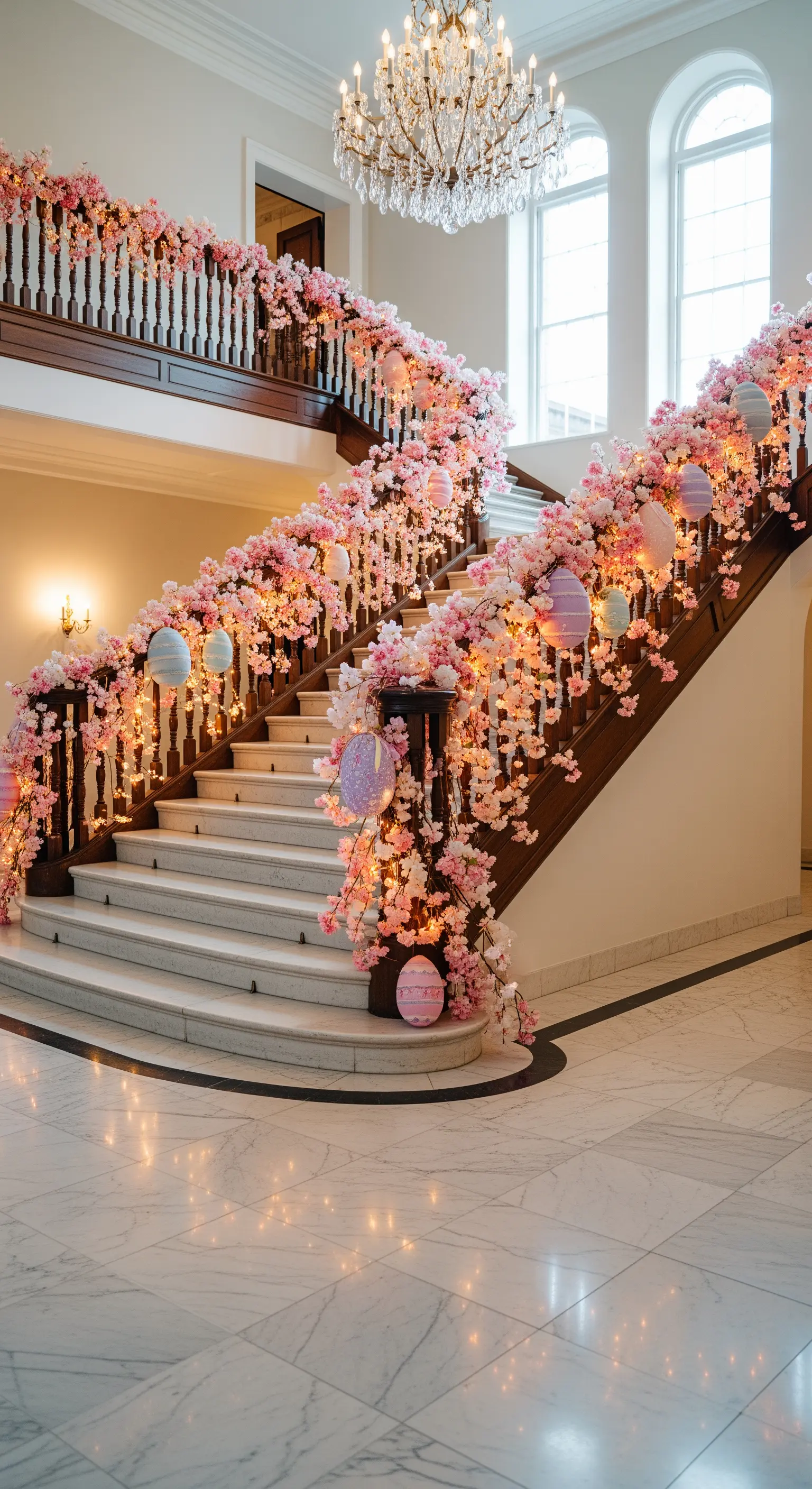 Üppige Kirschblütenranken mit Lichterketten und Laternen an einer Treppe