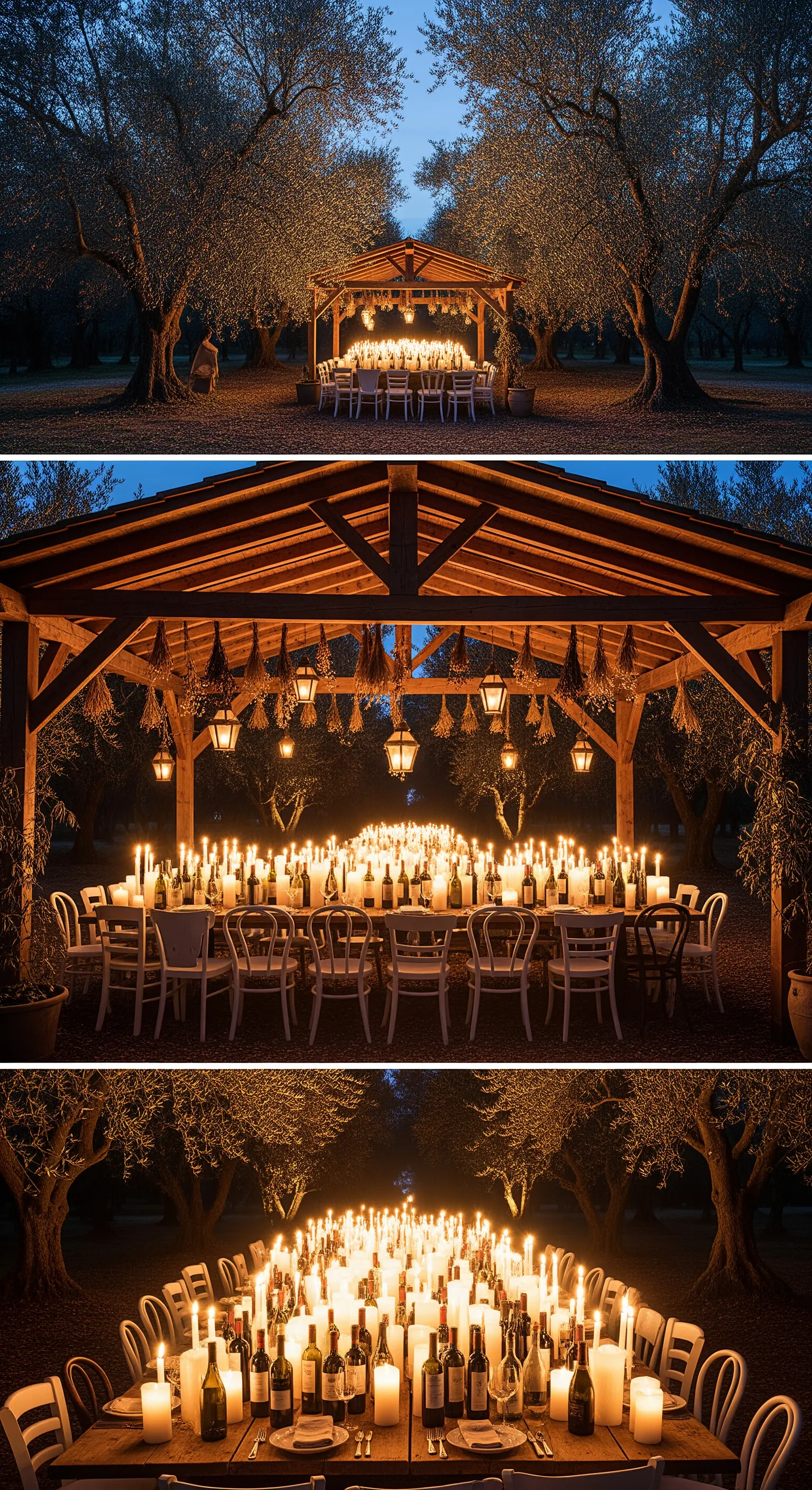 Große Pergola, Meer von Kerzen, hängende Deko, elegantes Dinner
