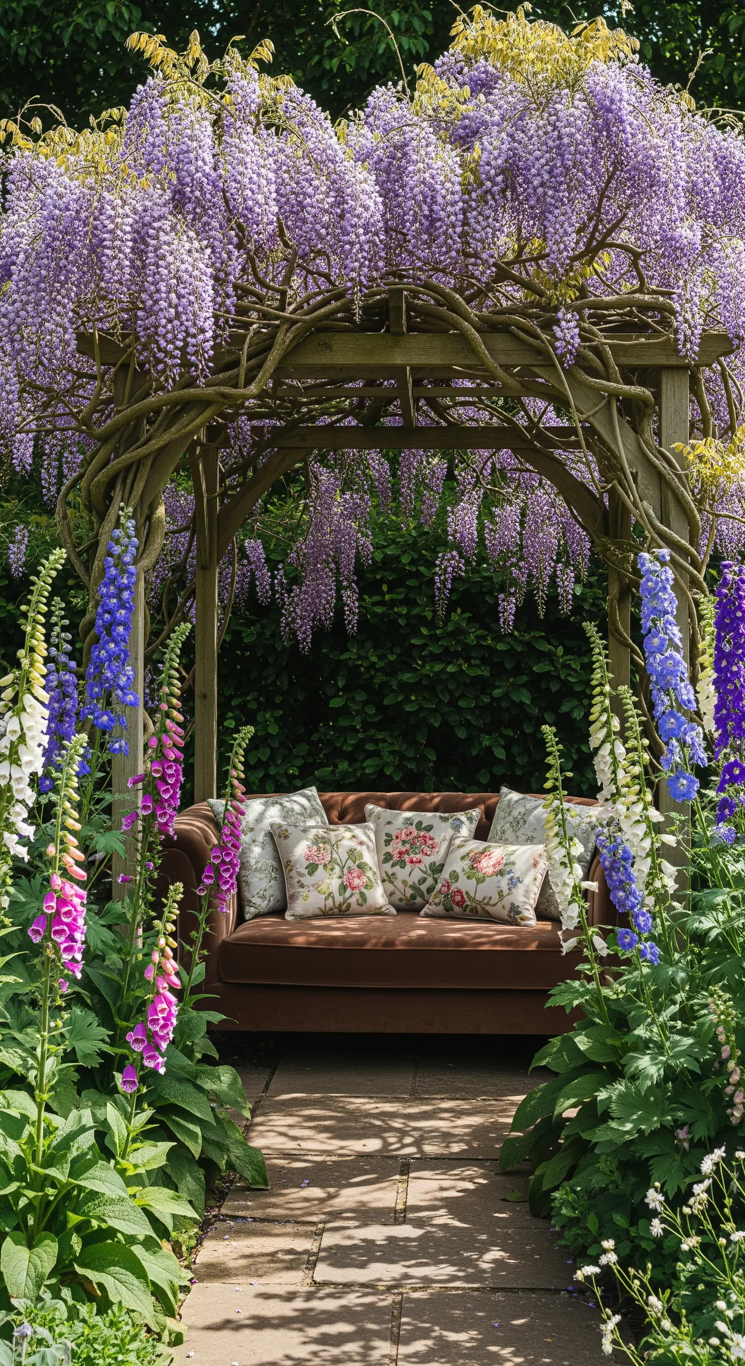 Glyzinien-Pergola mit braunem Sofa und floralen Kissen, umgeben von bunten Blumen