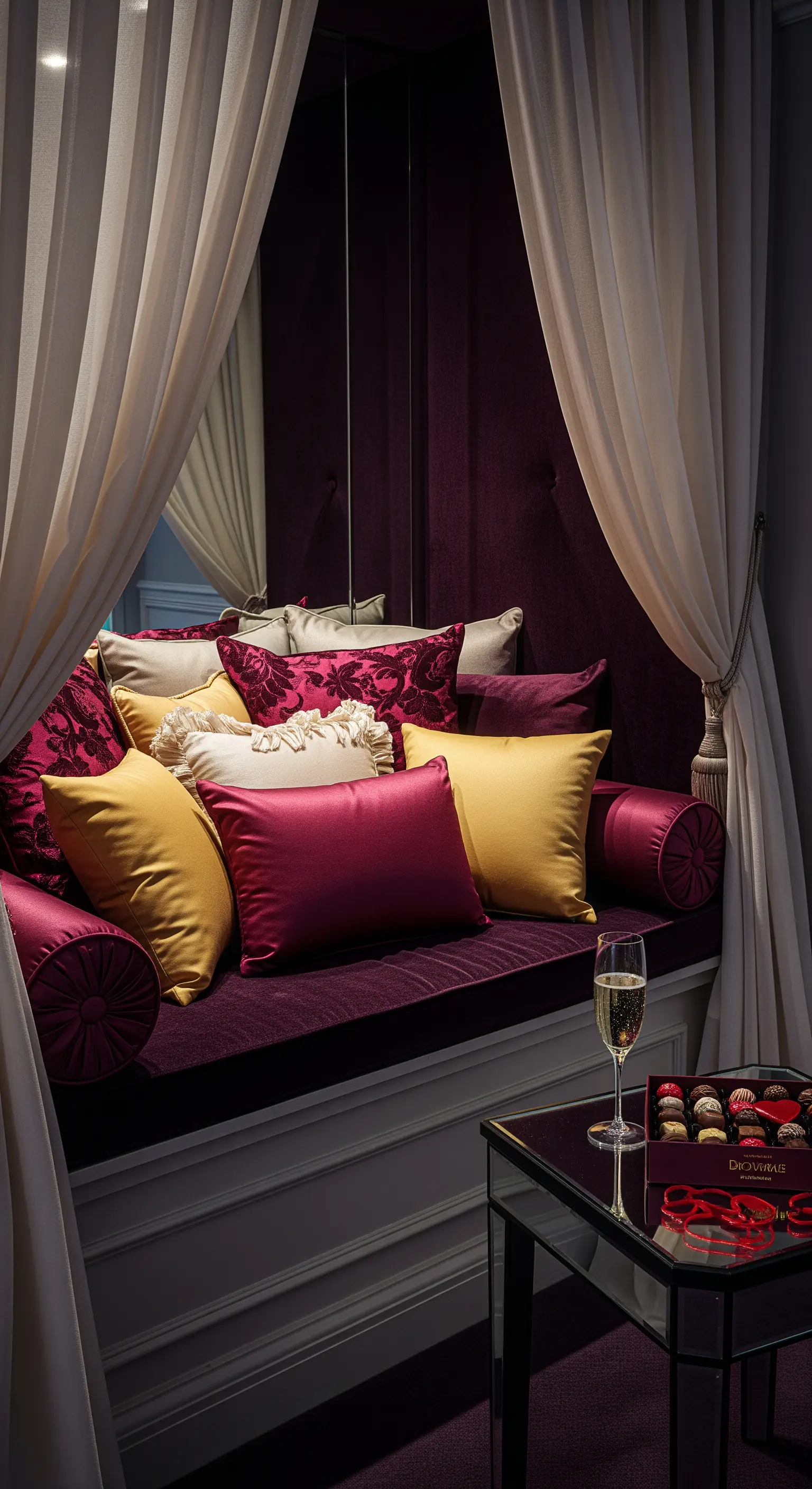 Luxuriöse Fensternische in Lila- und Goldtönen mit vielen Samtkissen und Vorhängen.