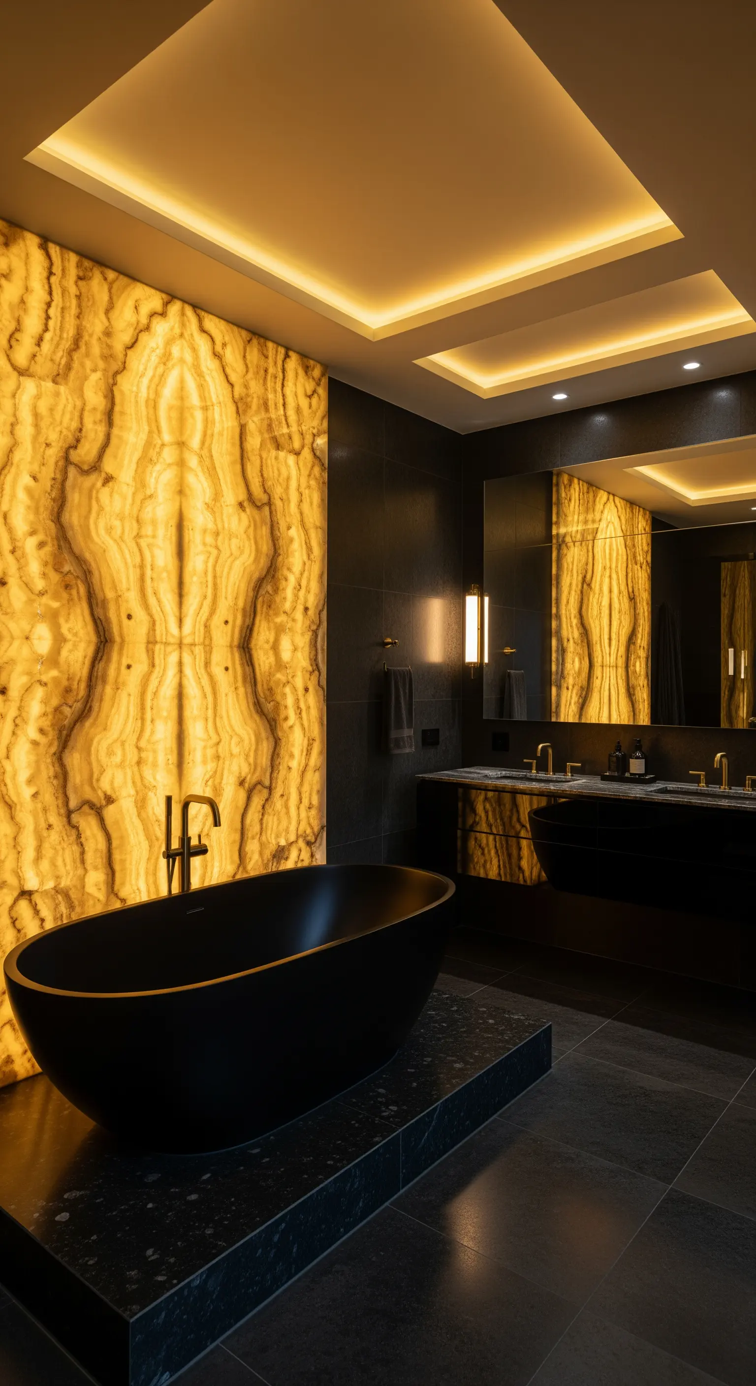 Backlit Onyxwand, indirekte Deckenbeleuchtung, freistehende Badewanne