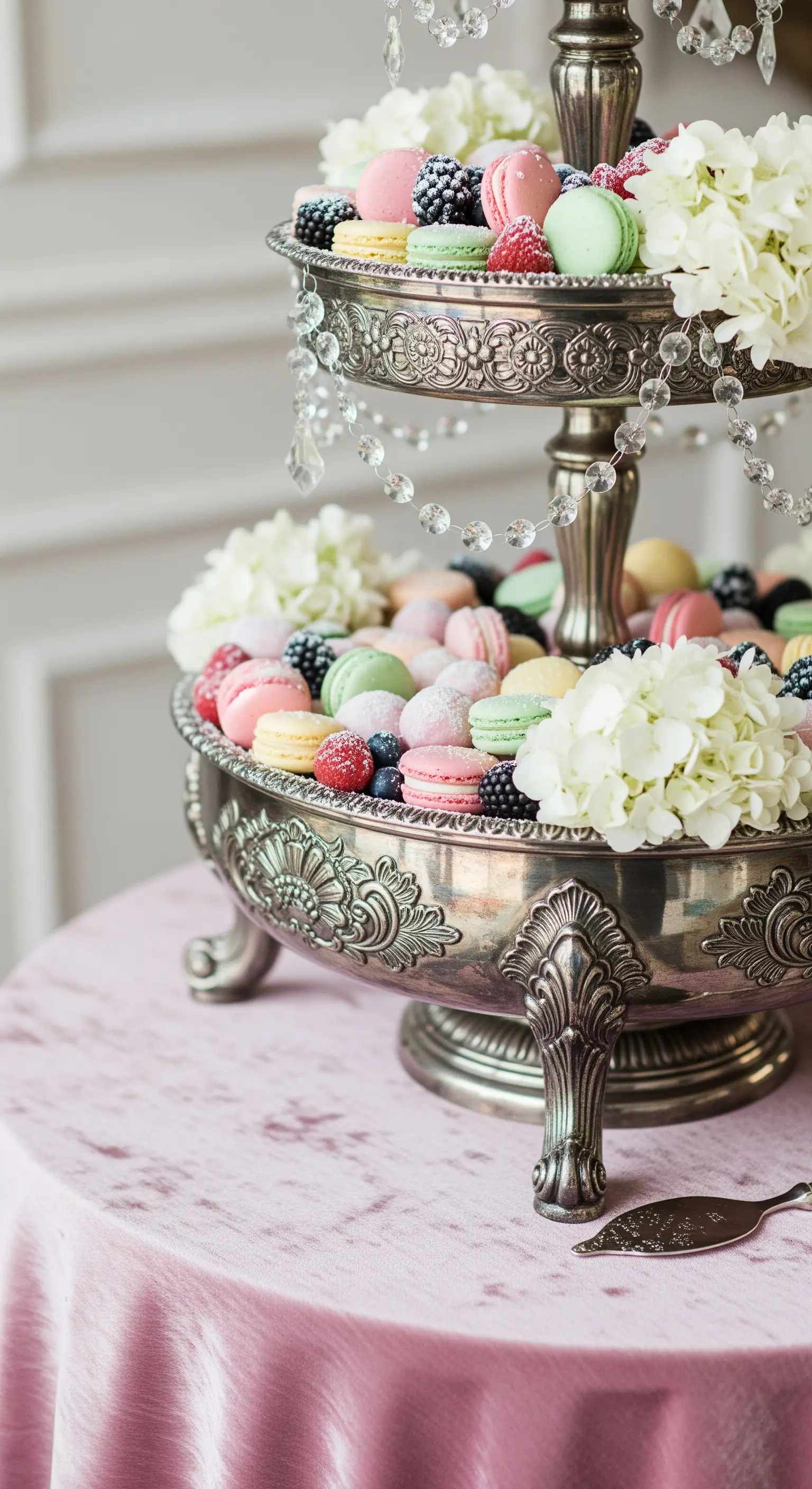 Prunkvolle Silber-Etagere gefüllt mit bunten Macarons, Beeren und Hortensien.