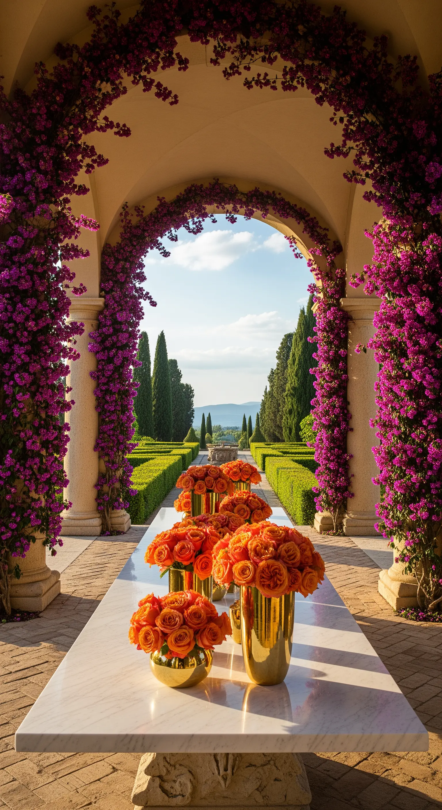 Marmortafel mit orangefarbenen Rosenbouquets in goldenen Vasen unter Blumenbogen.