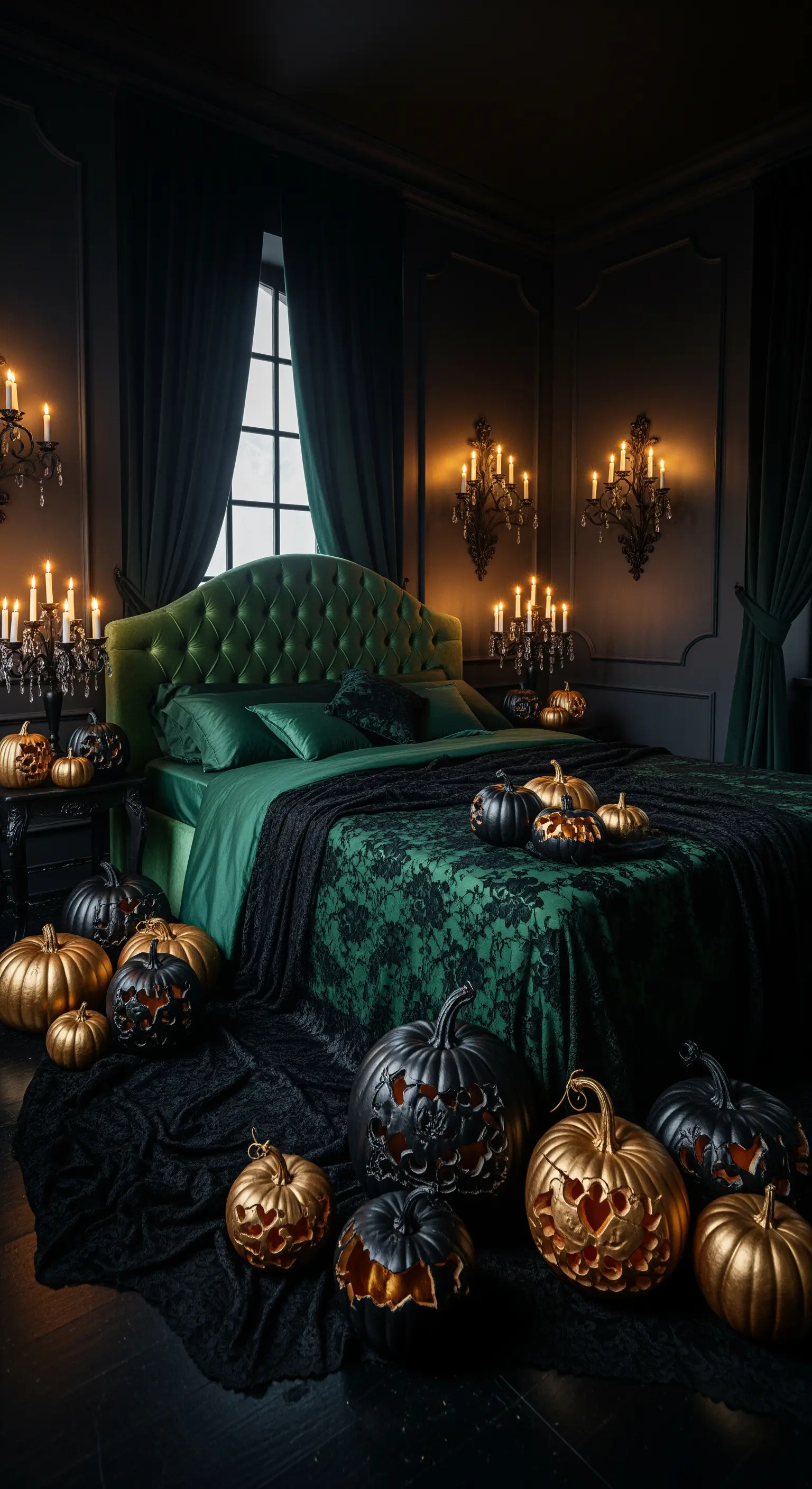Smaragdgrünes Schlafzimmer mit schwarzen und goldenen Zierkürbissen, luxuriöses Ambiente